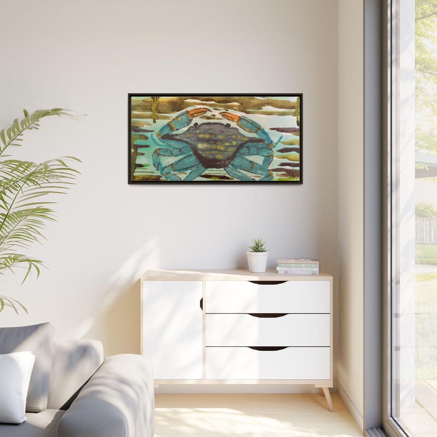 Blue Crab Coastal Art Print — Matte Framed Canvas