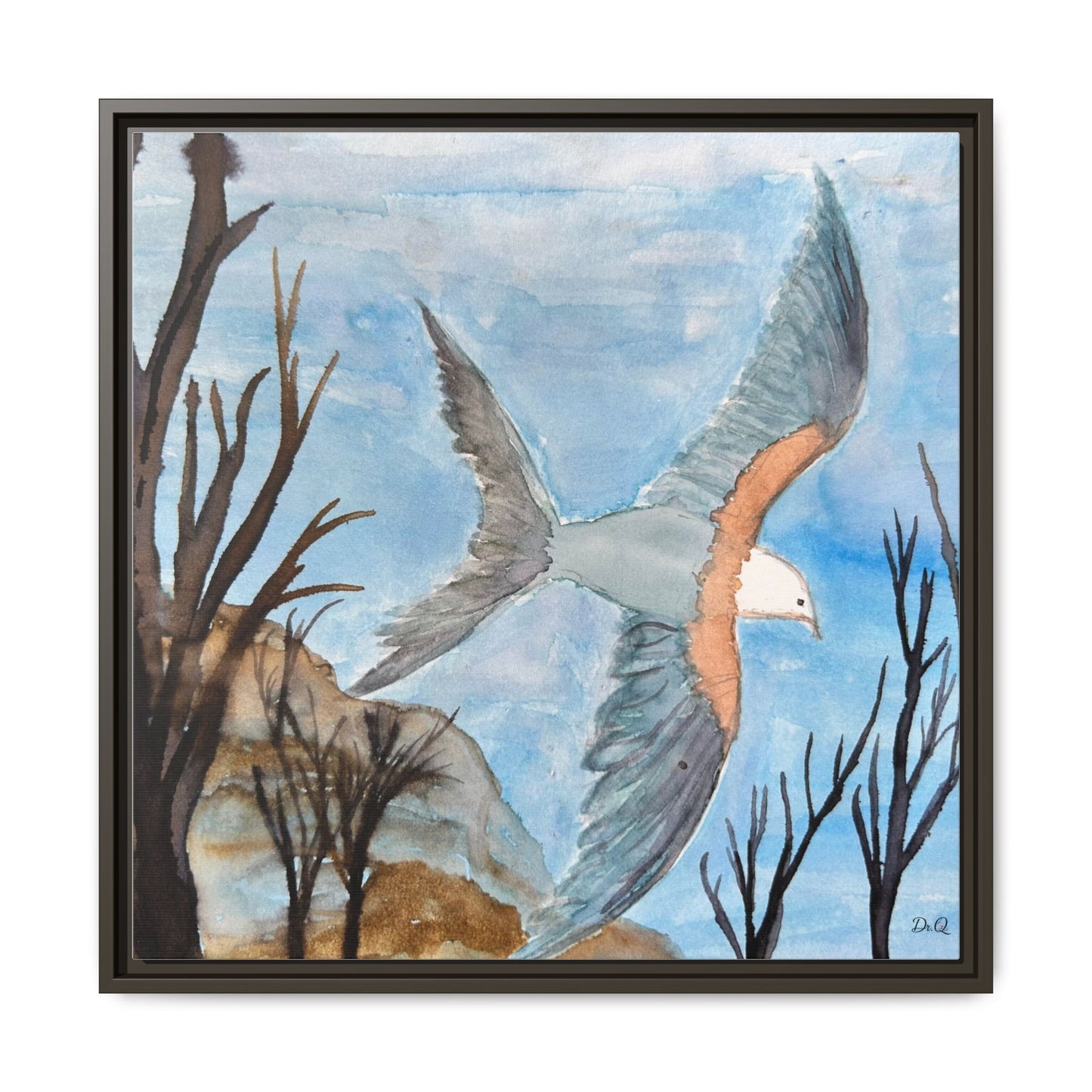 Framed Matte Canvas Wall Art — Soaring Seagull Coastal Print