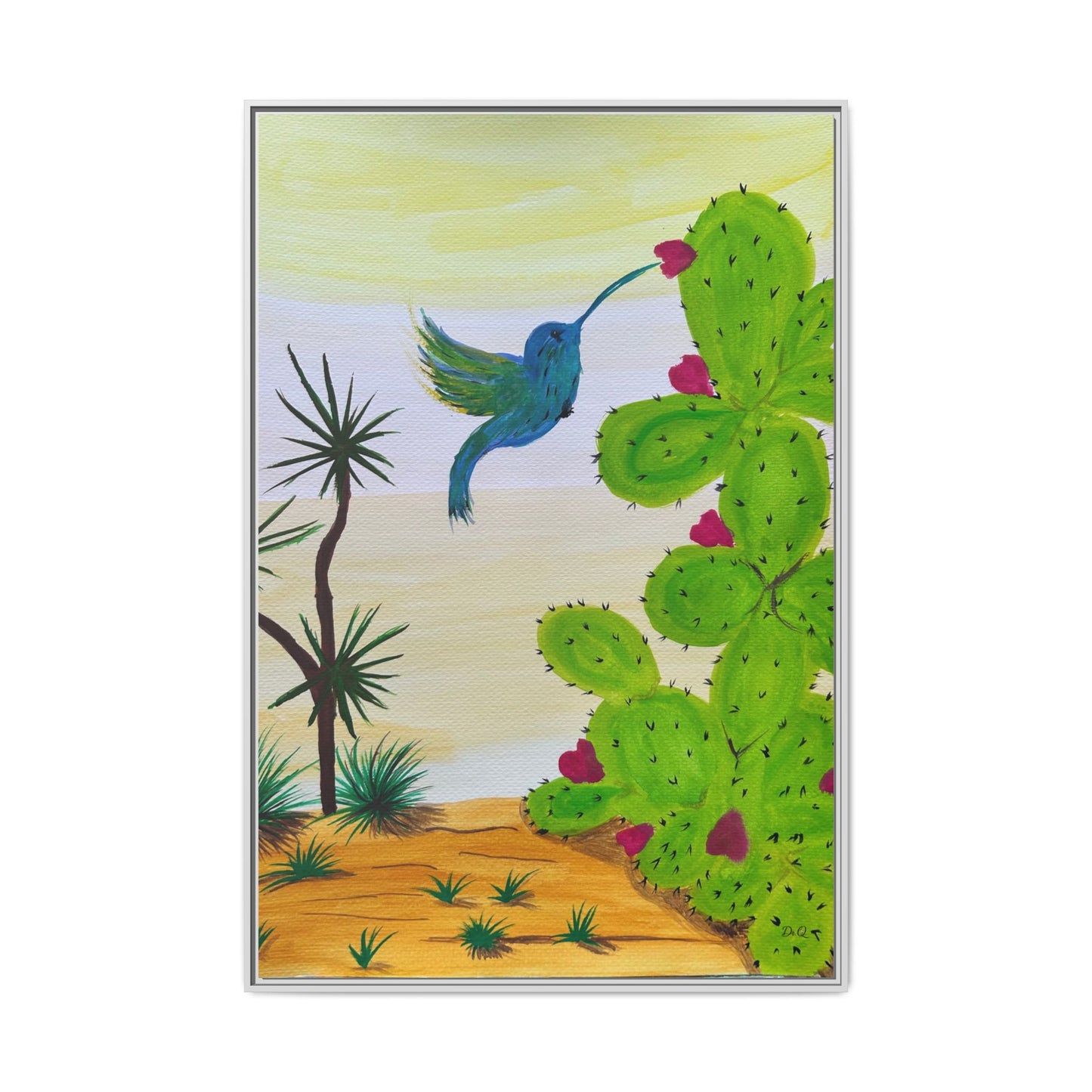 Tropical Cactus & Hummingbird Wall Art - Framed Matte Canvas