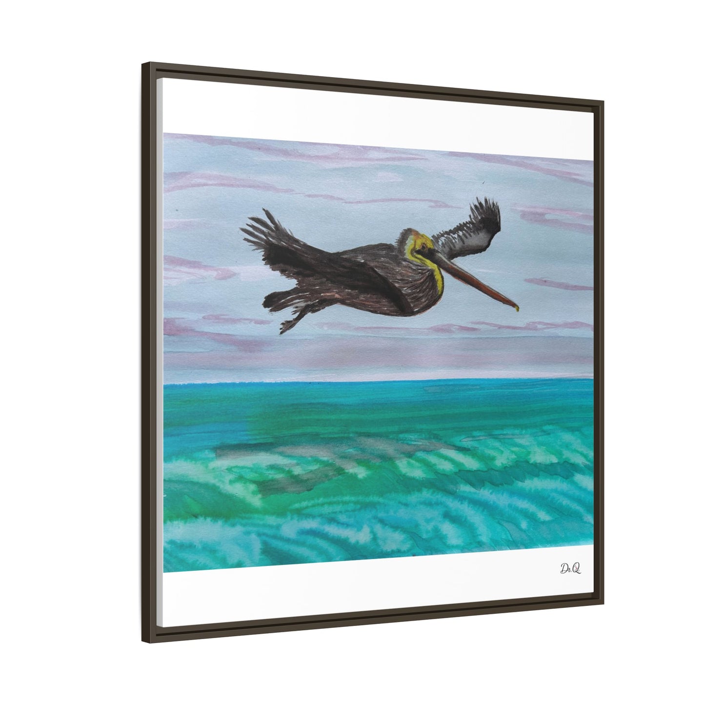 Brown Pelican Over Ocean Matte Framed Canvas Art