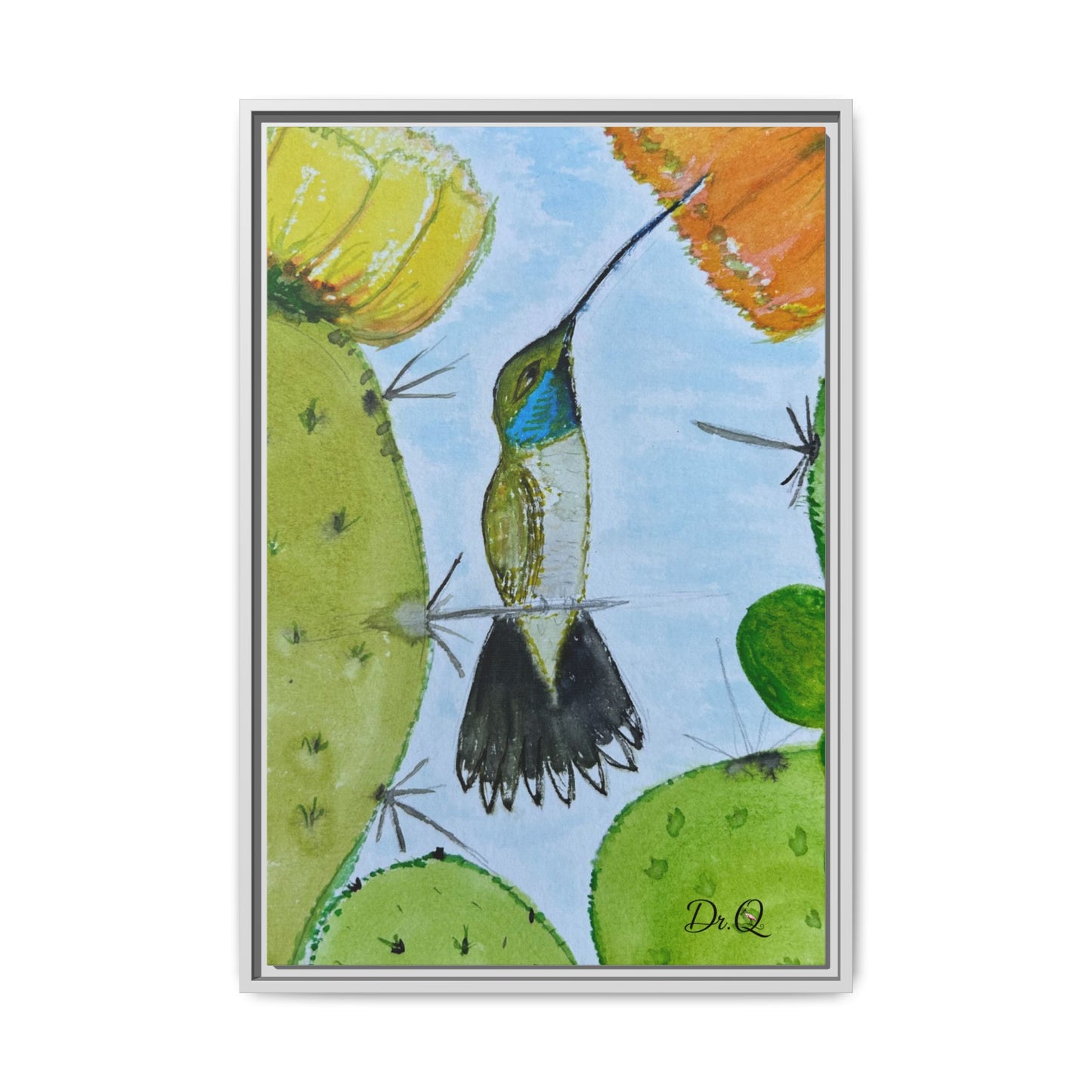 Framed Hummingbird Cactus Watercolor Print on Canvas by Dr. Q — Floral Desert Wall Art