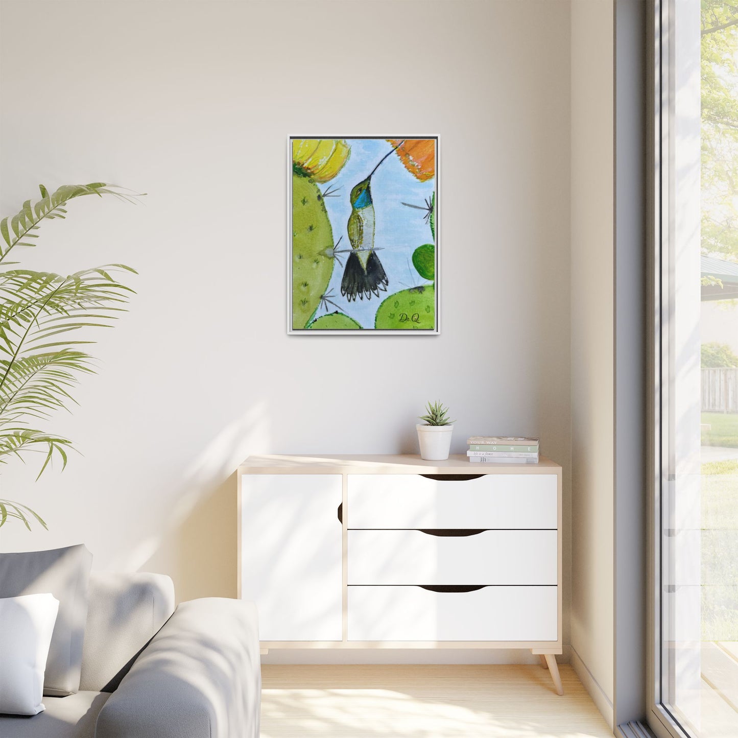 Framed Hummingbird Cactus Watercolor Print on Canvas by Dr. Q — Floral Desert Wall Art