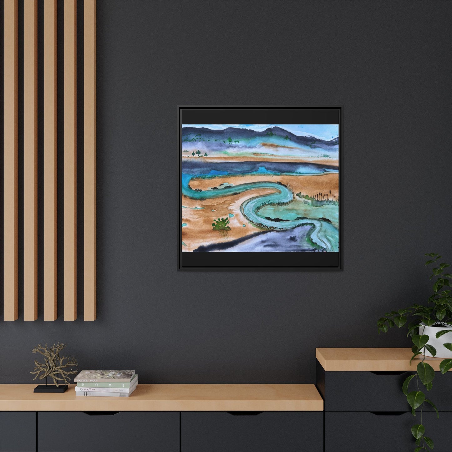Winding River by Dr. Q - Framed Matte Canvas Watercolor Wall Art