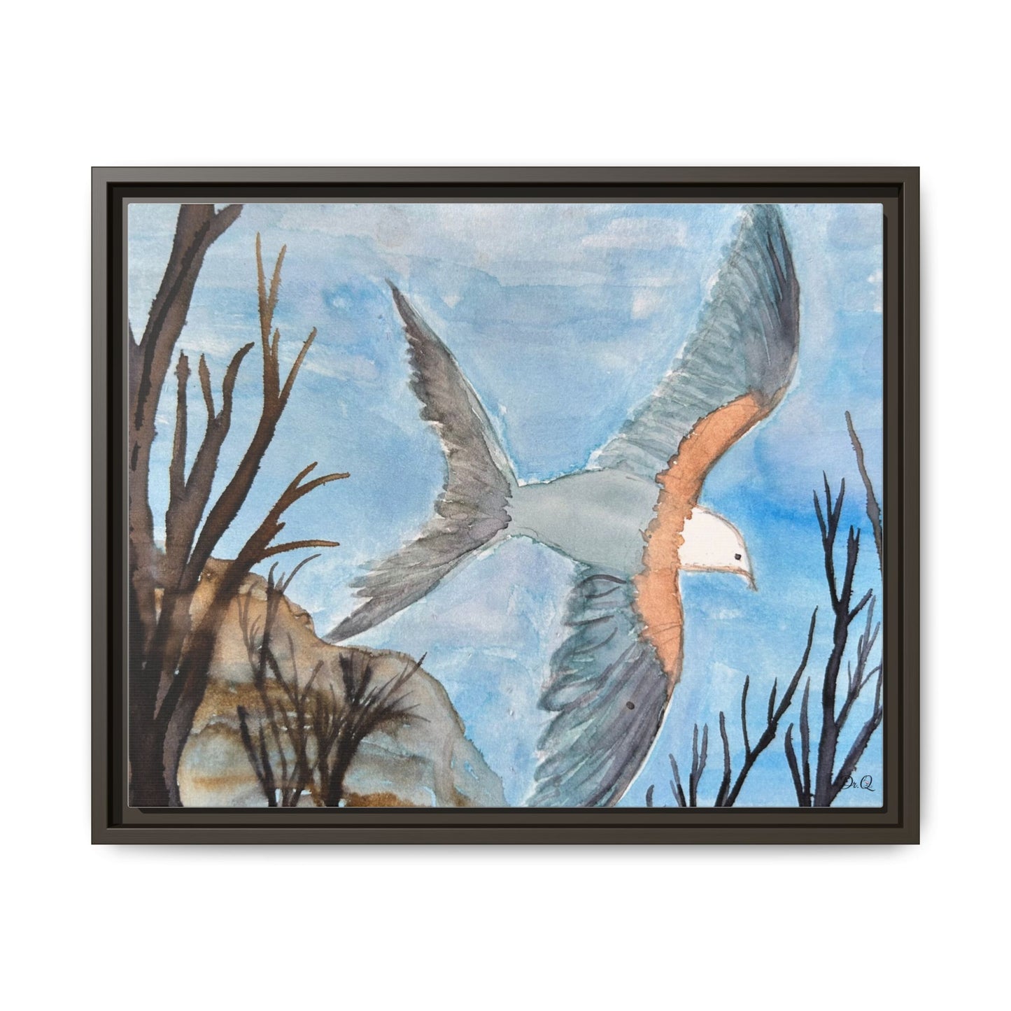 Framed Matte Canvas Wall Art — Soaring Seagull Coastal Print