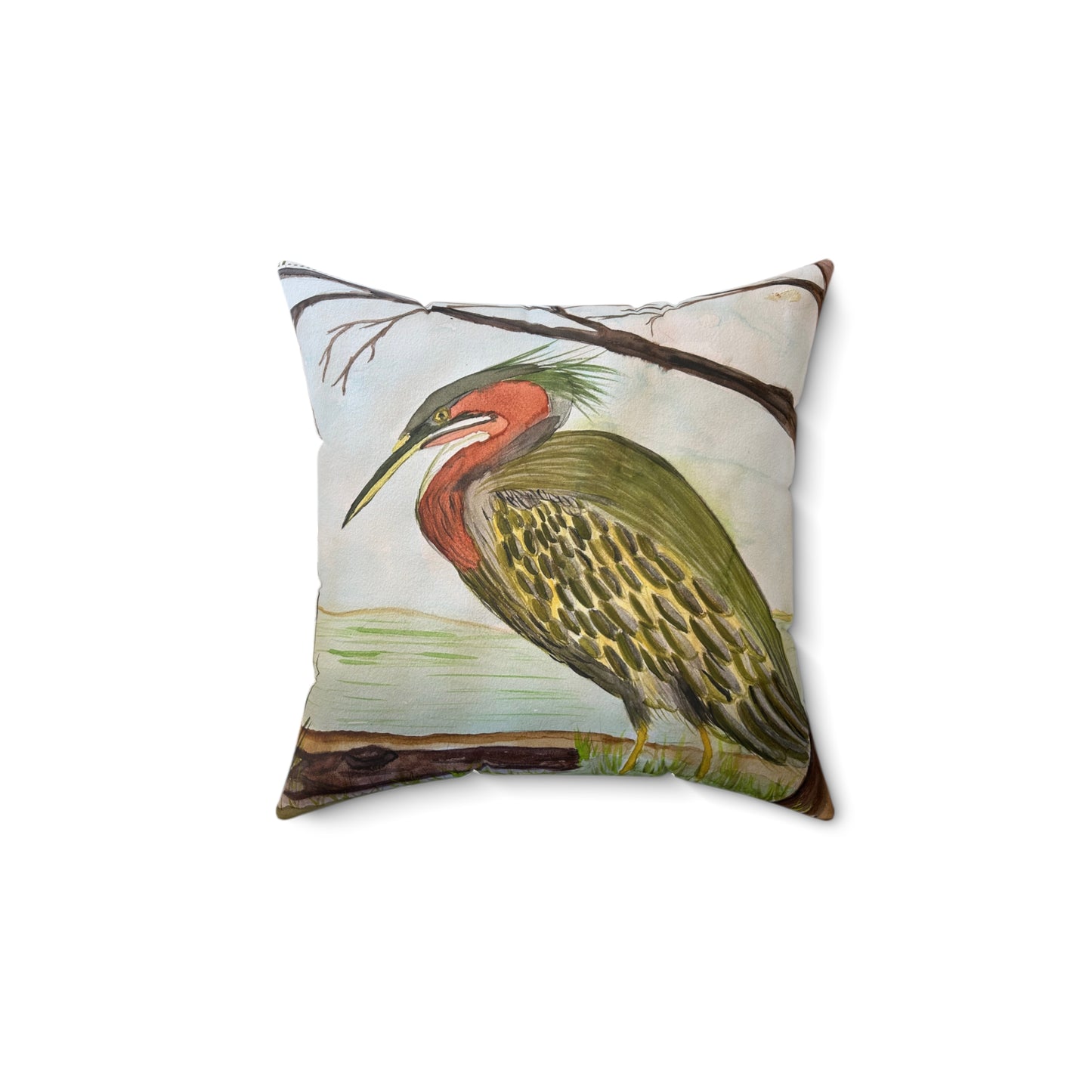 Green Heron Spun Polyester Square Pillow