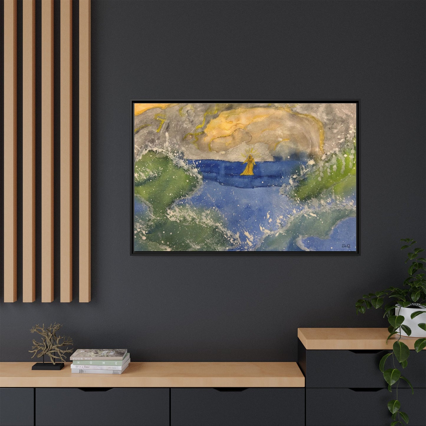 "Faith in the Storm" Framed Matte Canvas Seascape — Golden Sail at Sunset