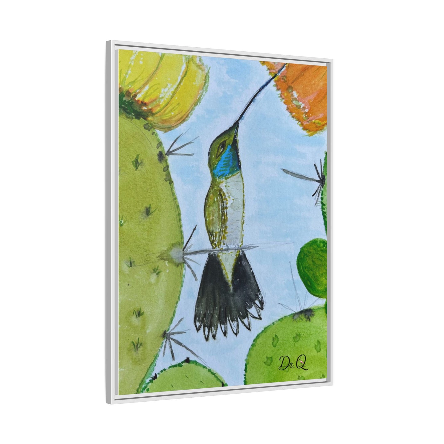 Framed Hummingbird Cactus Watercolor Print on Canvas by Dr. Q — Floral Desert Wall Art
