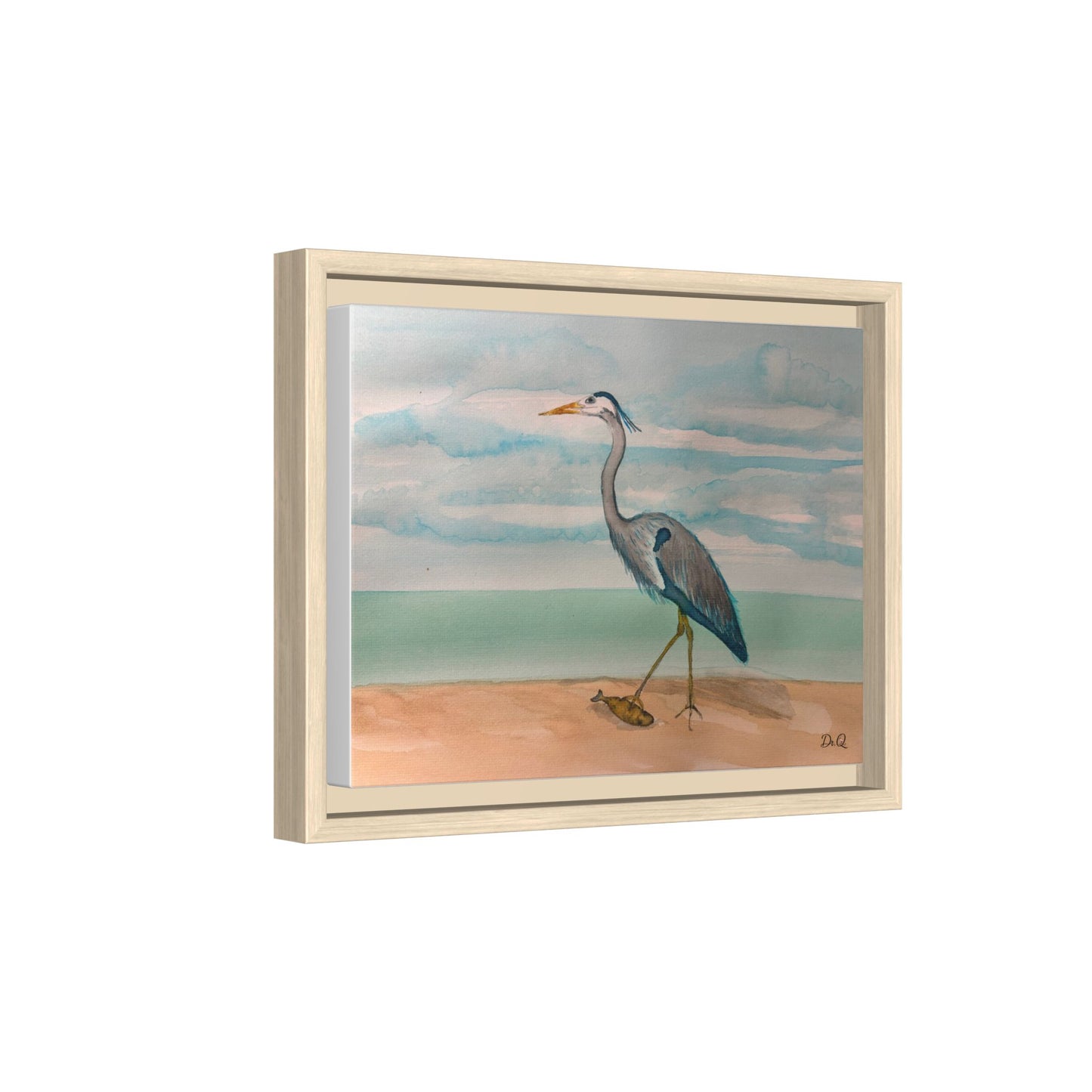 Framed Heron Beach Matte Canvas — Coastal Watercolor Wall Art