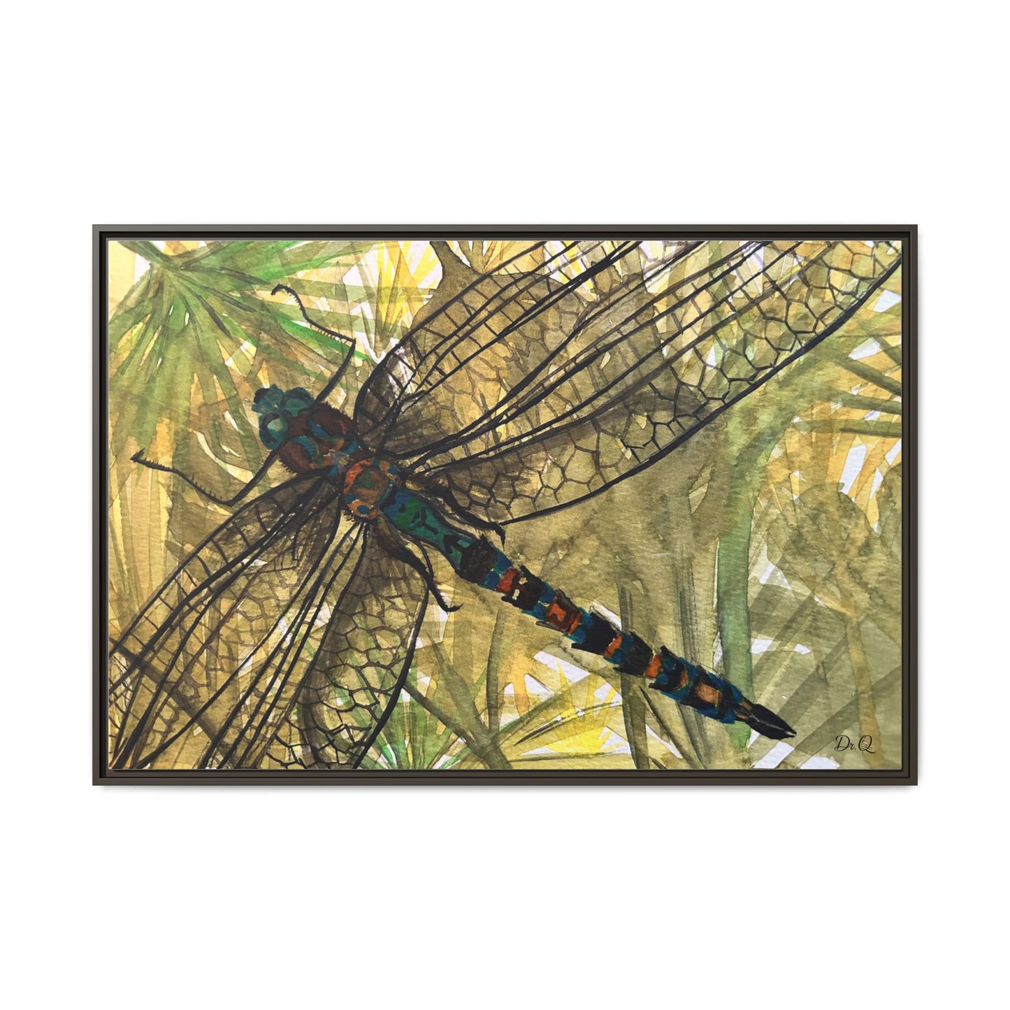 Dragonfly Framed Canvas Art — Botanical Watercolor Wall Decor