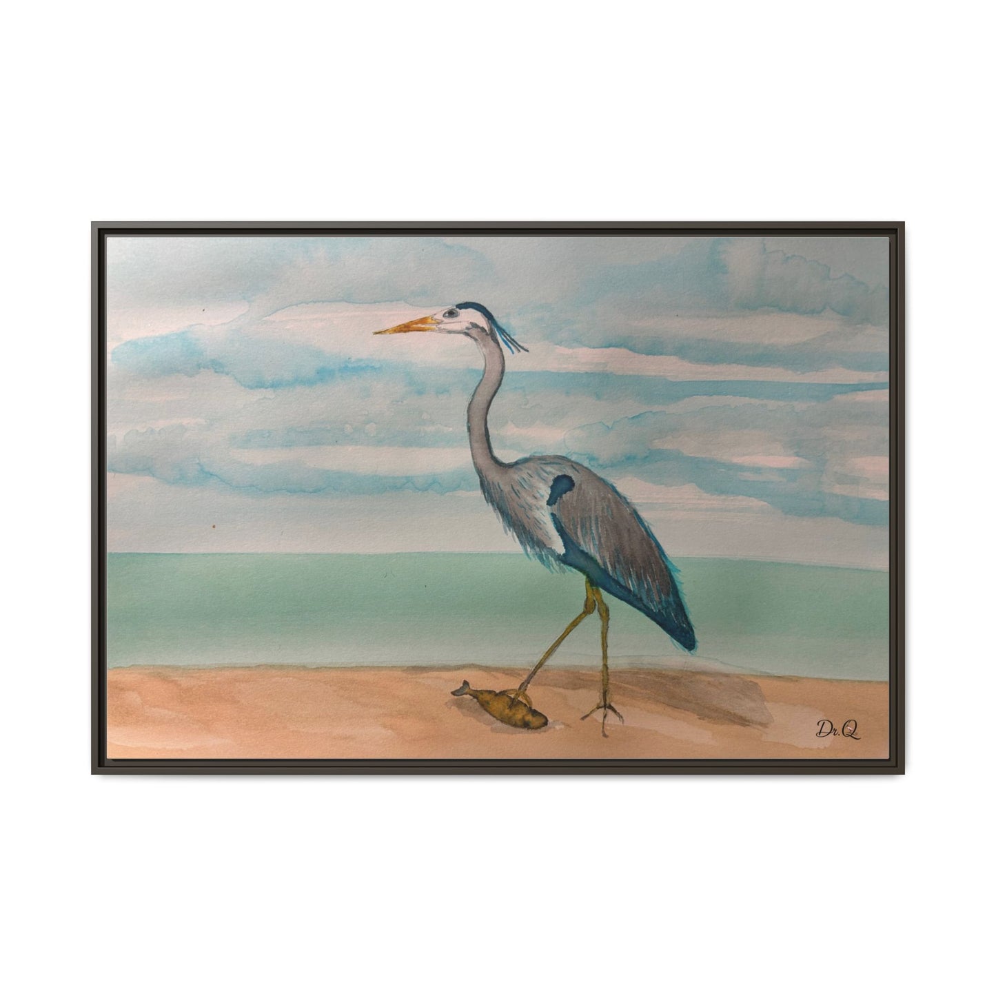 Framed Heron Beach Matte Canvas — Coastal Watercolor Wall Art