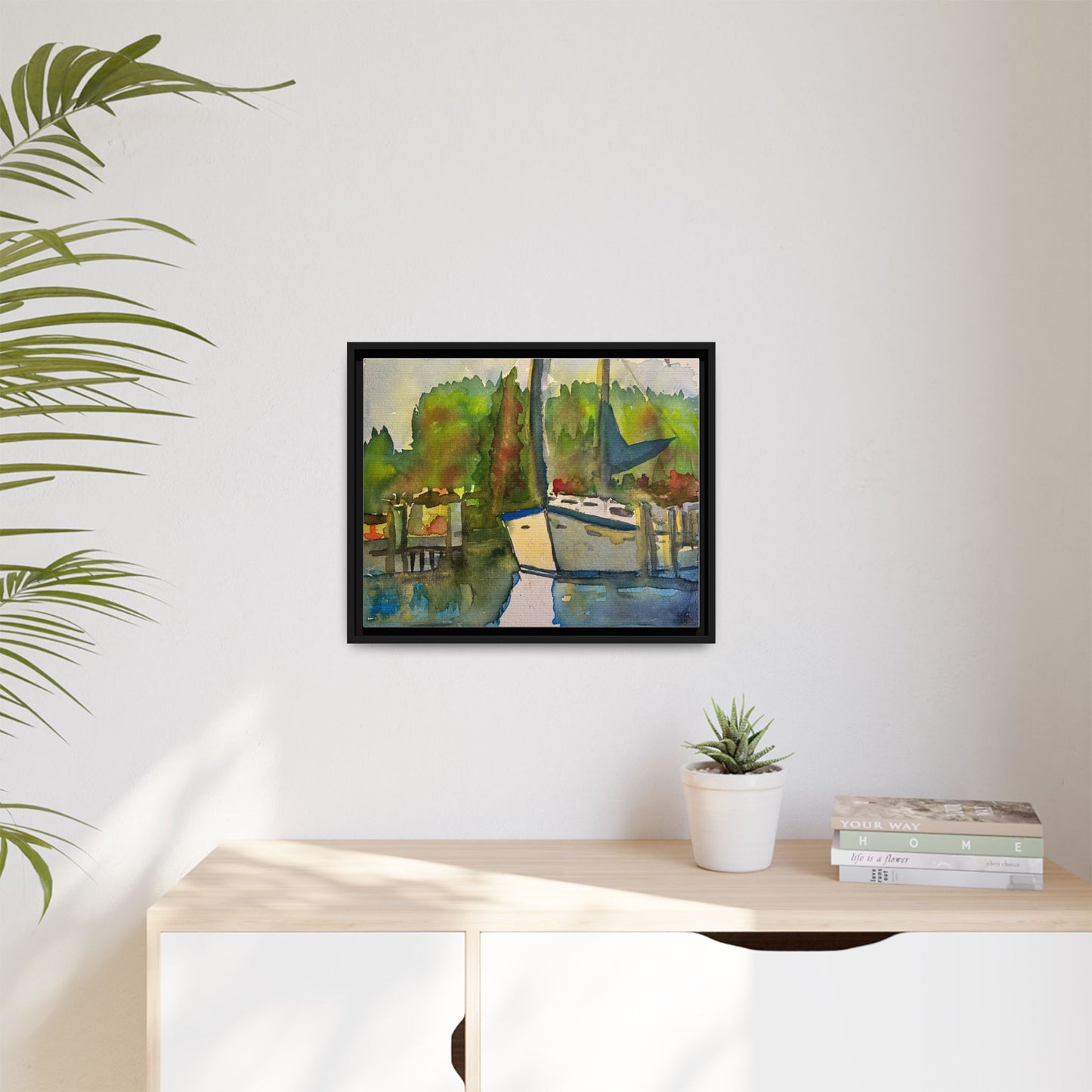 Sailboat Harbor Watercolor — Framed Matte Canvas Wall Art