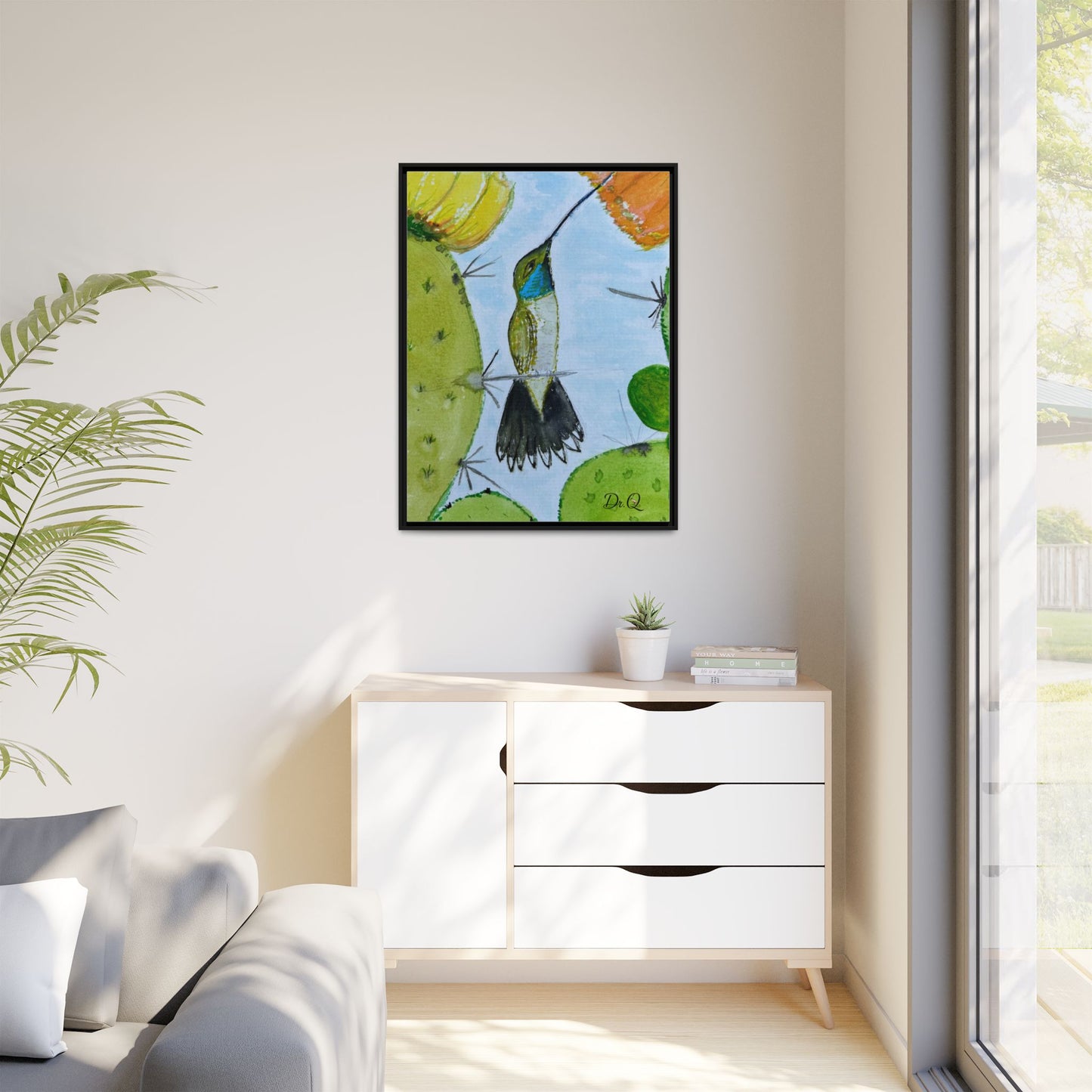 Framed Hummingbird Cactus Watercolor Print on Canvas by Dr. Q — Floral Desert Wall Art