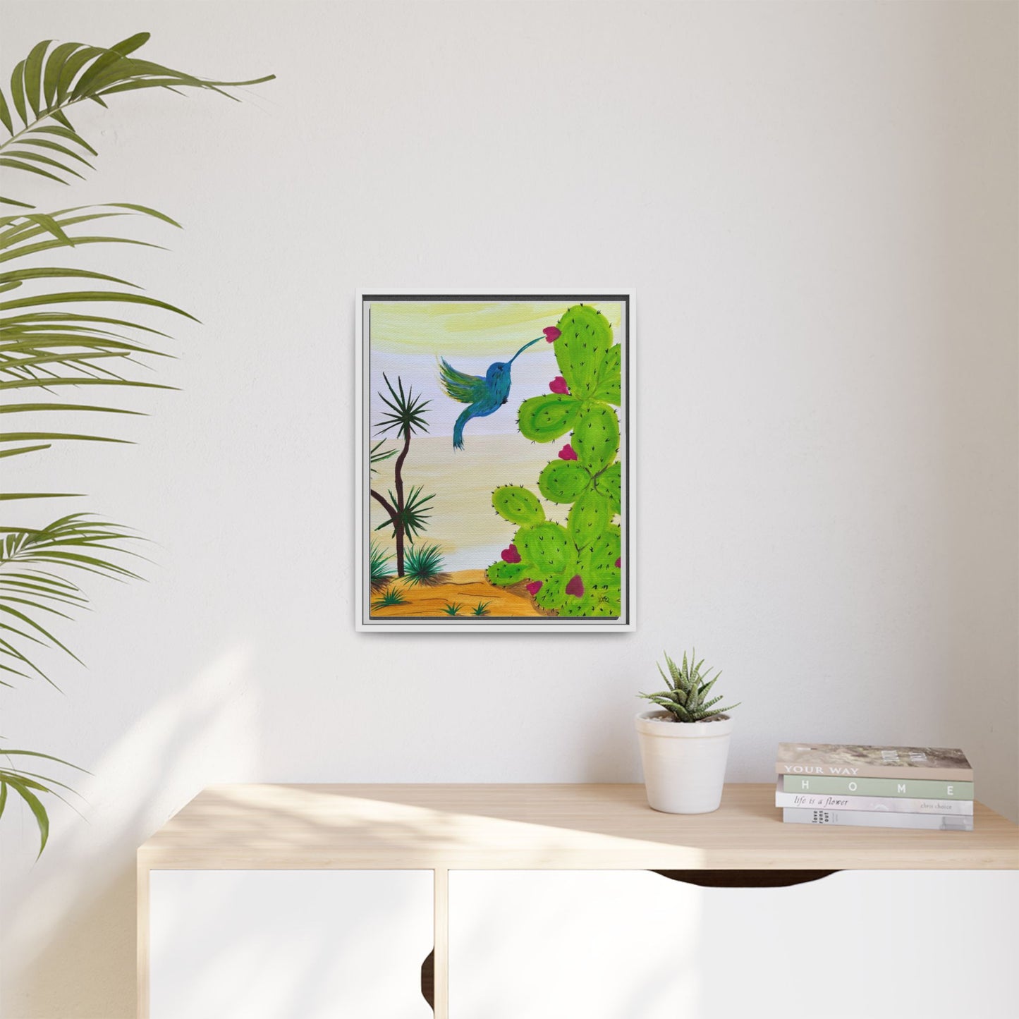 Tropical Cactus & Hummingbird Wall Art - Framed Matte Canvas