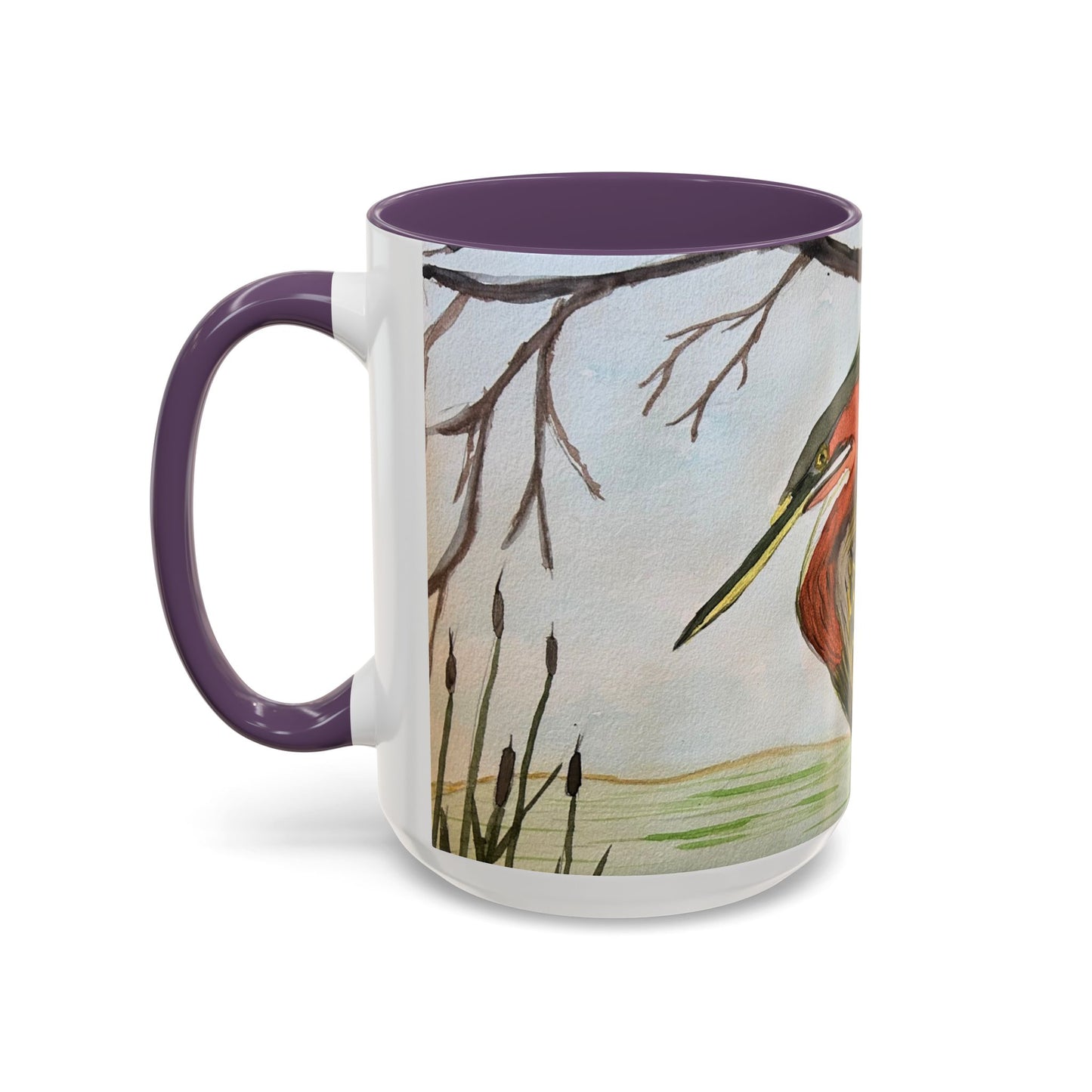 Green Heron Watercolor Accent Coffee Mug — Nature Bird Watercolor (11/15oz)