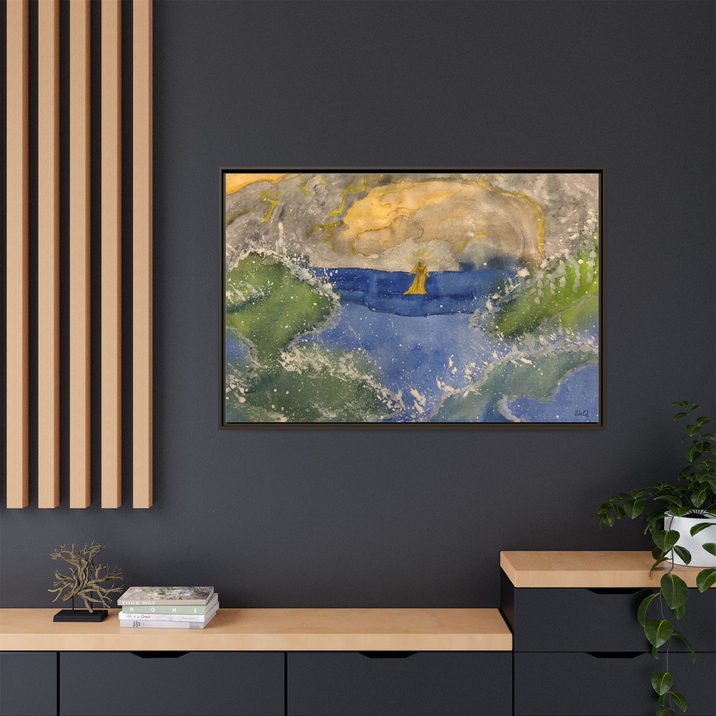 "Faith in the Storm" Framed Matte Canvas Seascape — Golden Sail at Sunset