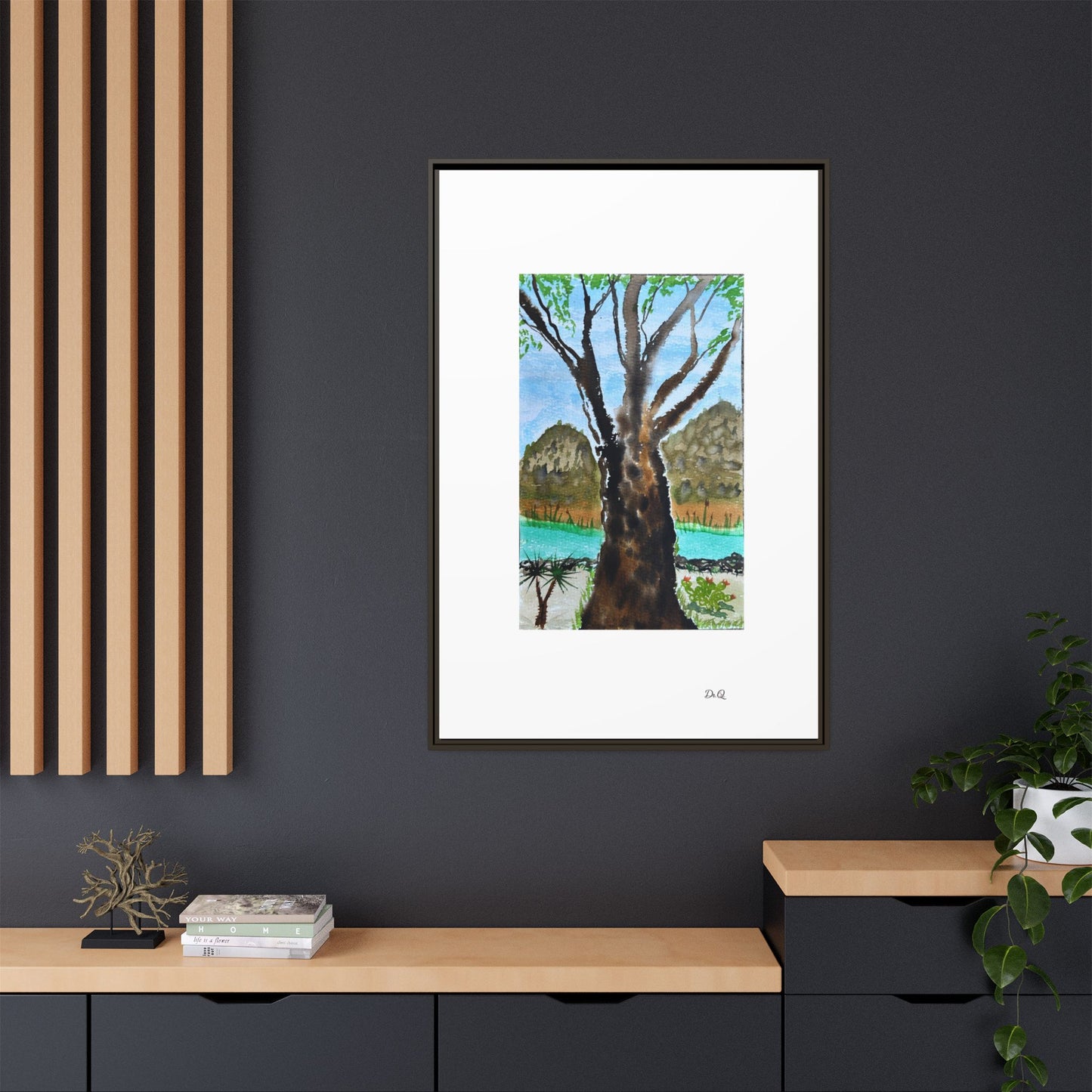 Tranquil Lakeside Tree Watercolor - Framed Matte Canvas Print by Dr. Q