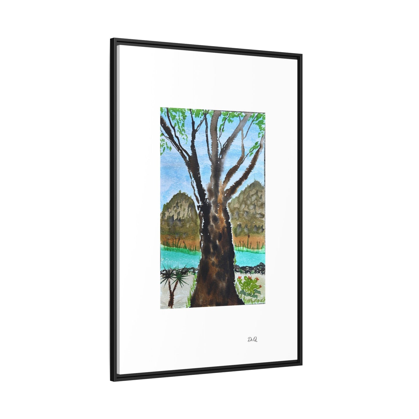 Tranquil Lakeside Tree Watercolor - Framed Matte Canvas Print by Dr. Q