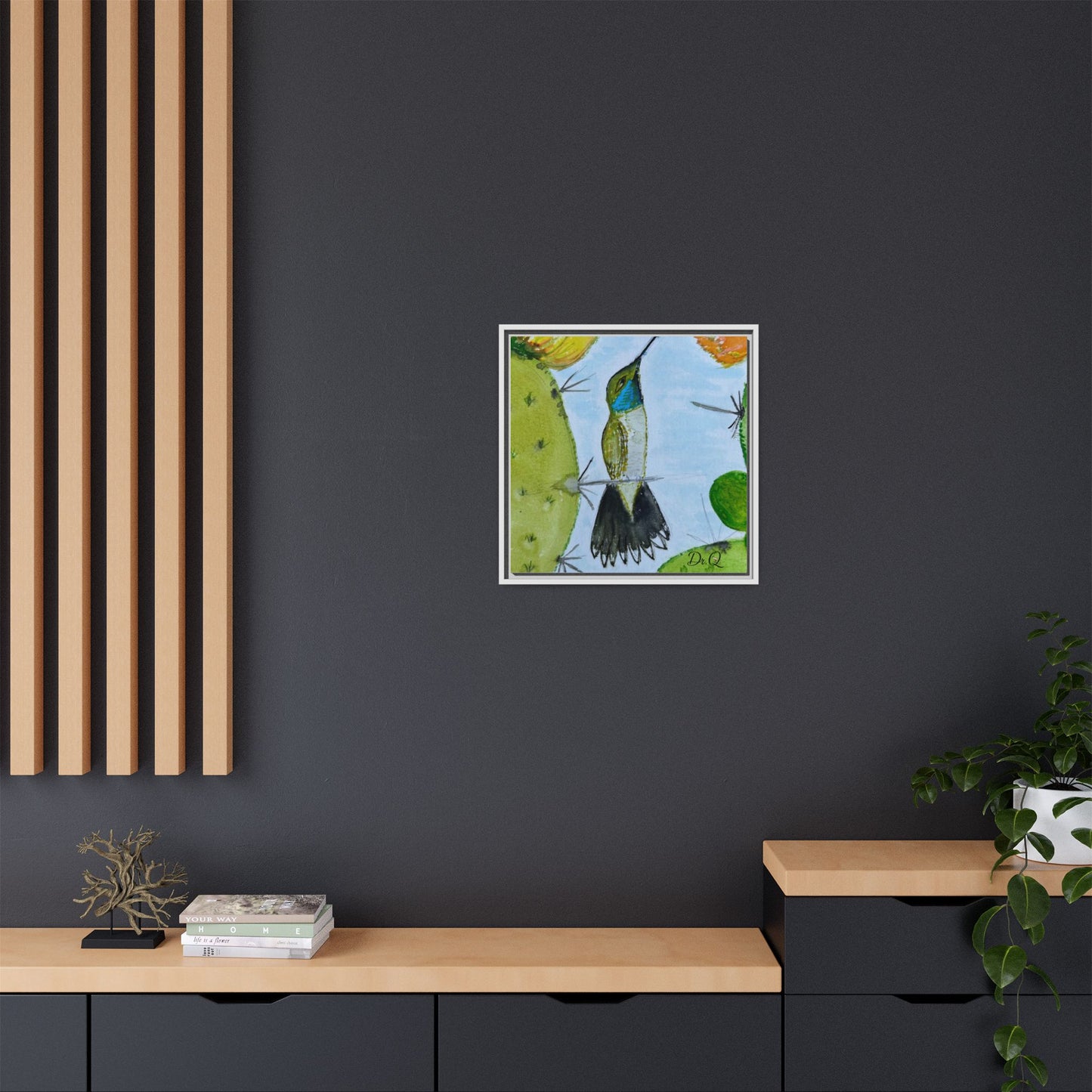 Framed Hummingbird Cactus Watercolor Print on Canvas by Dr. Q — Floral Desert Wall Art