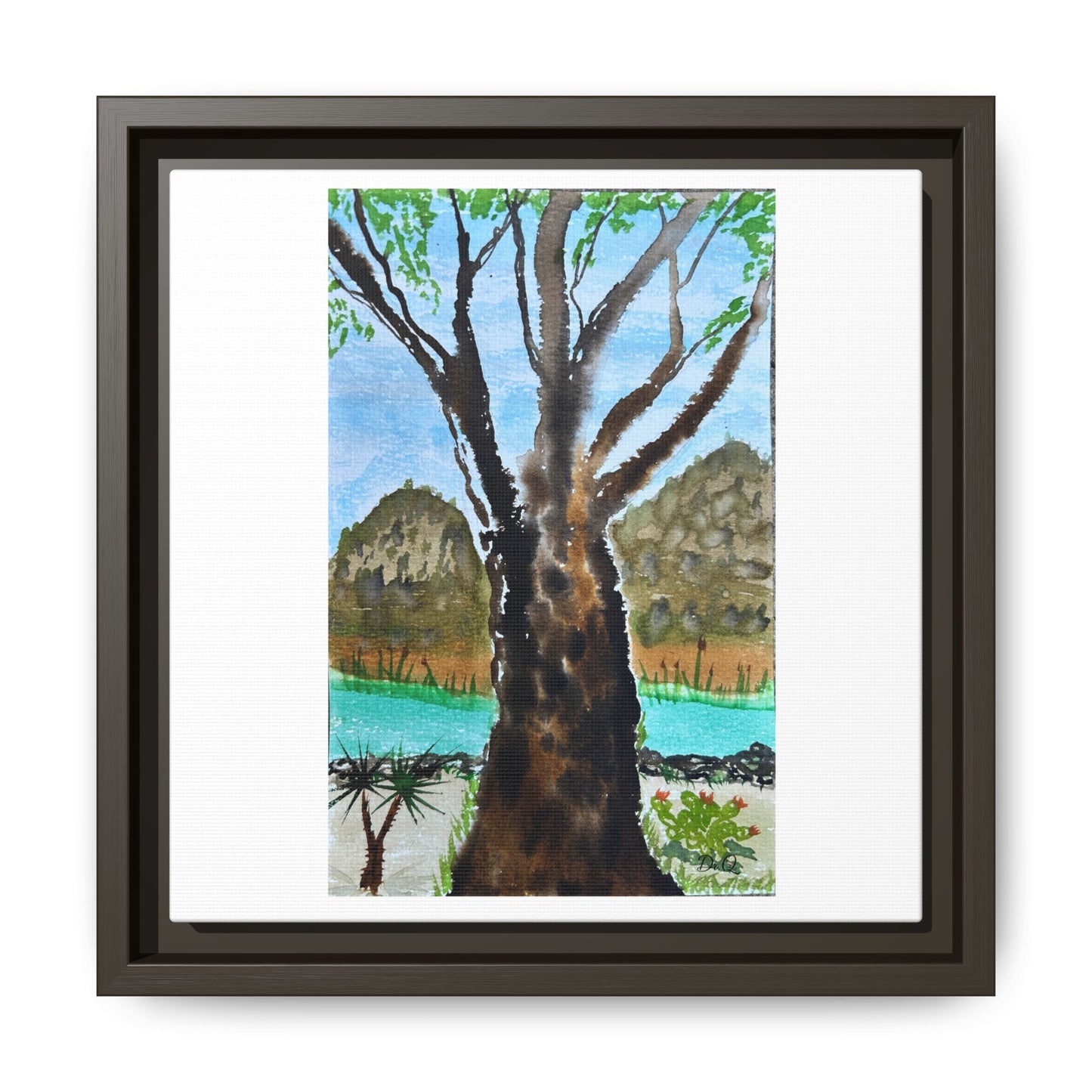 Tranquil Lakeside Tree Watercolor - Framed Matte Canvas Print by Dr. Q