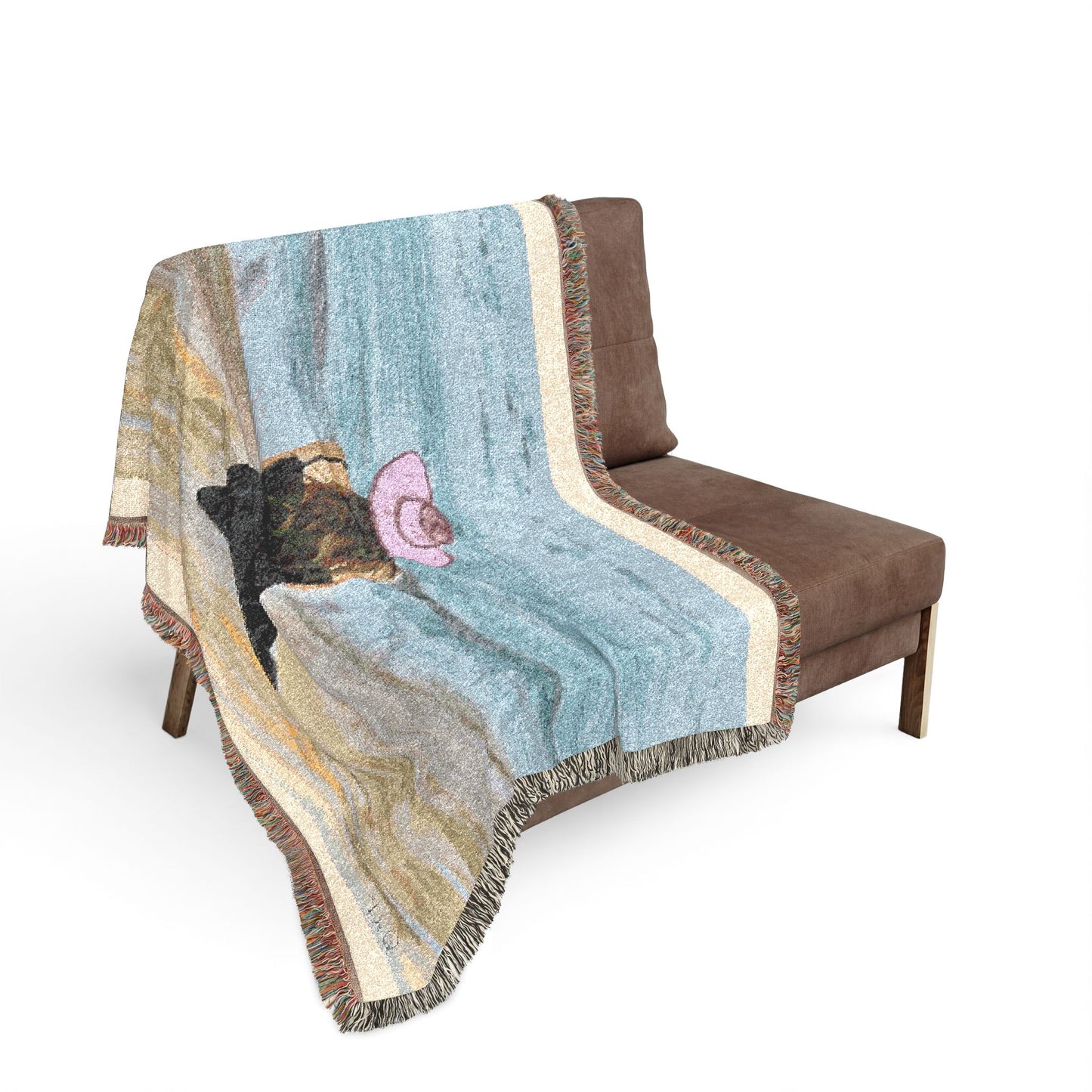 Beachside Woman Woven Blanket — Serene Seaside Throw with Pink Hat Design by Dr. Q