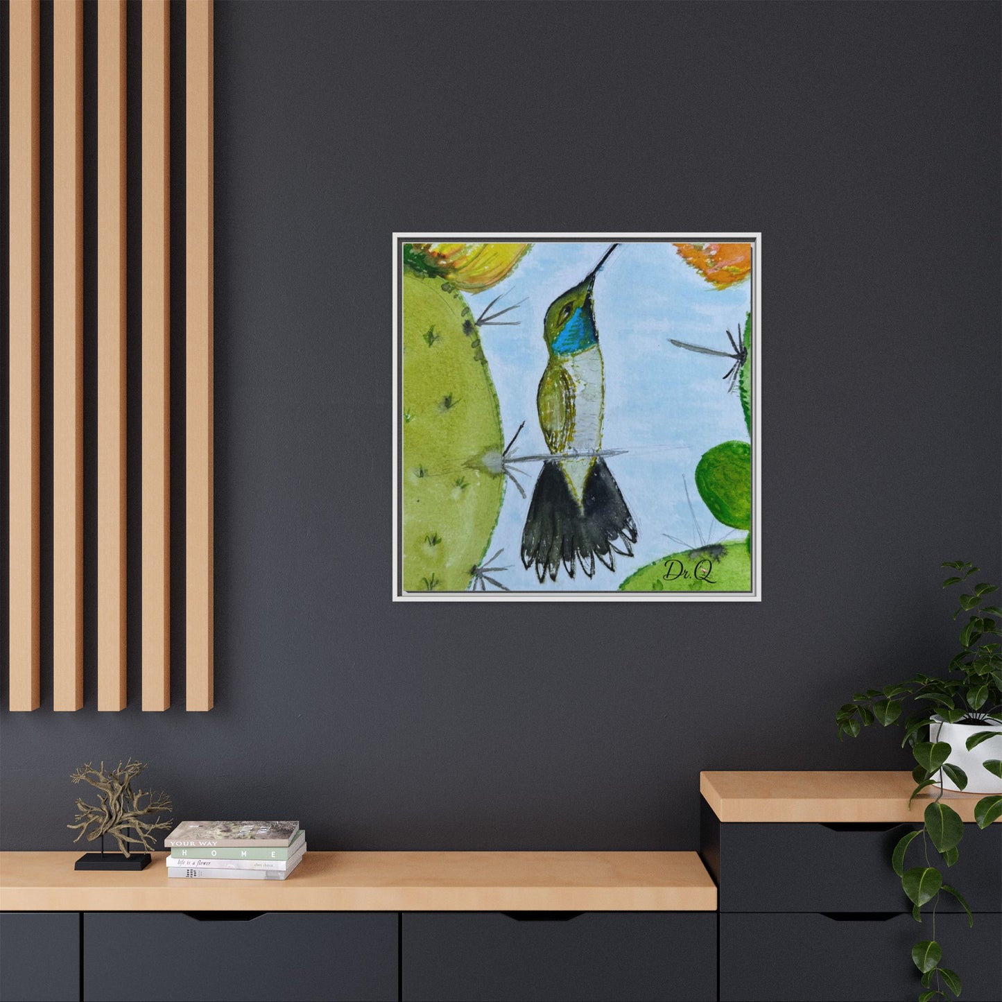 Framed Hummingbird Cactus Watercolor Print on Canvas by Dr. Q — Floral Desert Wall Art