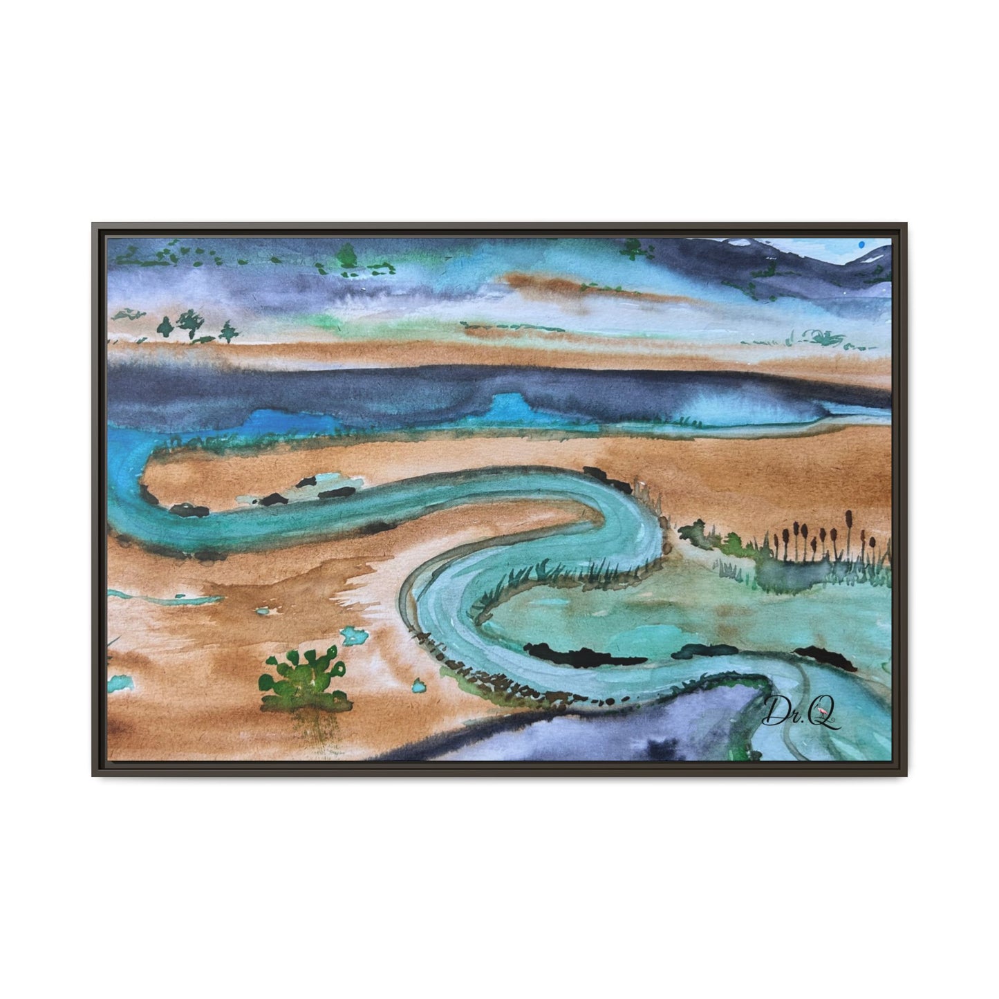 Winding River by Dr. Q - Framed Matte Canvas Watercolor Wall Art
