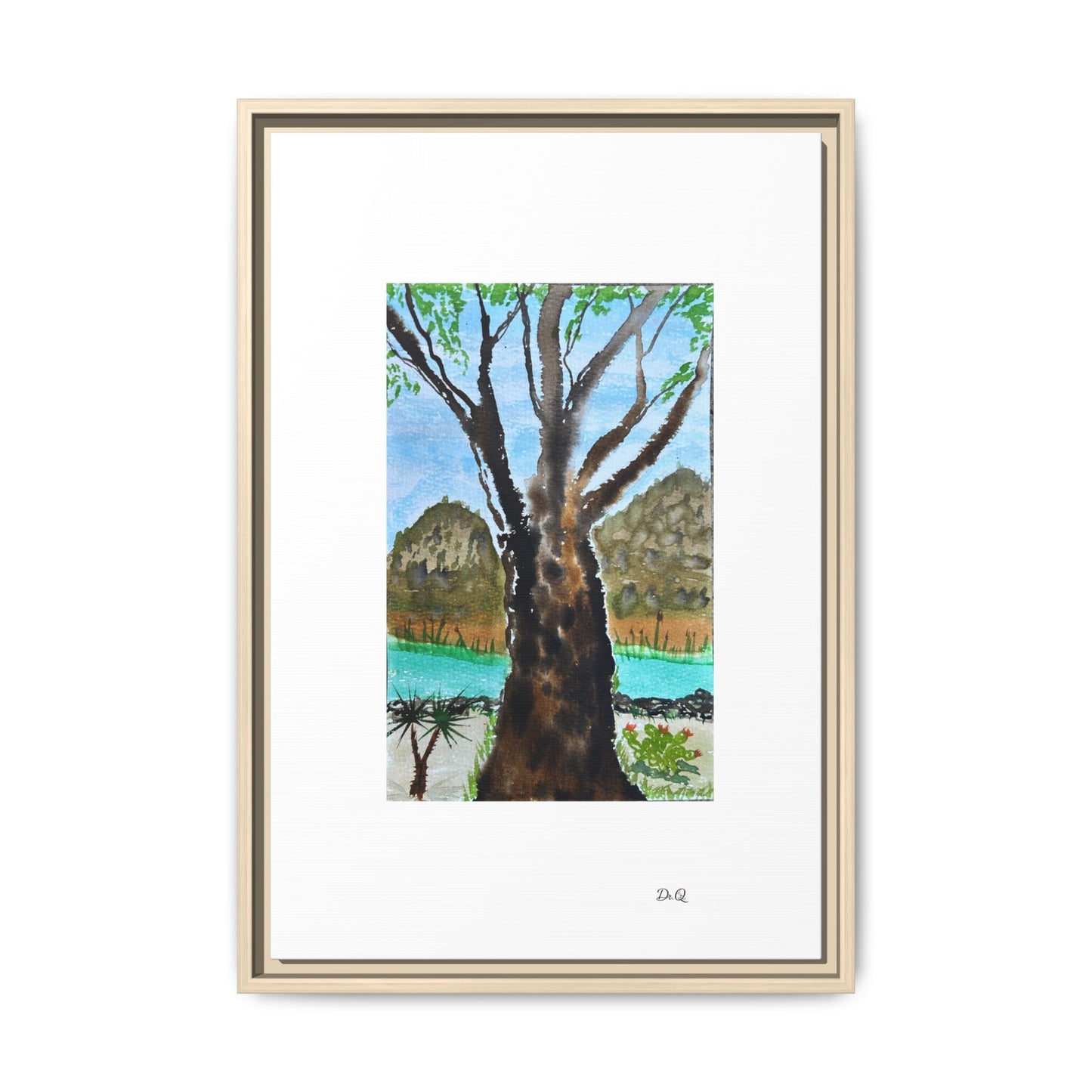 Tranquil Lakeside Tree Watercolor - Framed Matte Canvas Print by Dr. Q