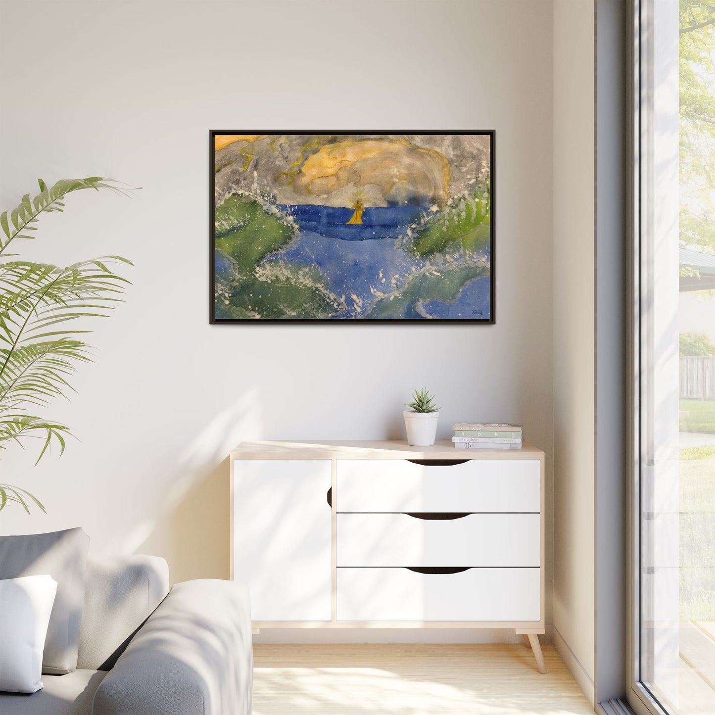 "Faith in the Storm" Framed Matte Canvas Seascape — Golden Sail at Sunset