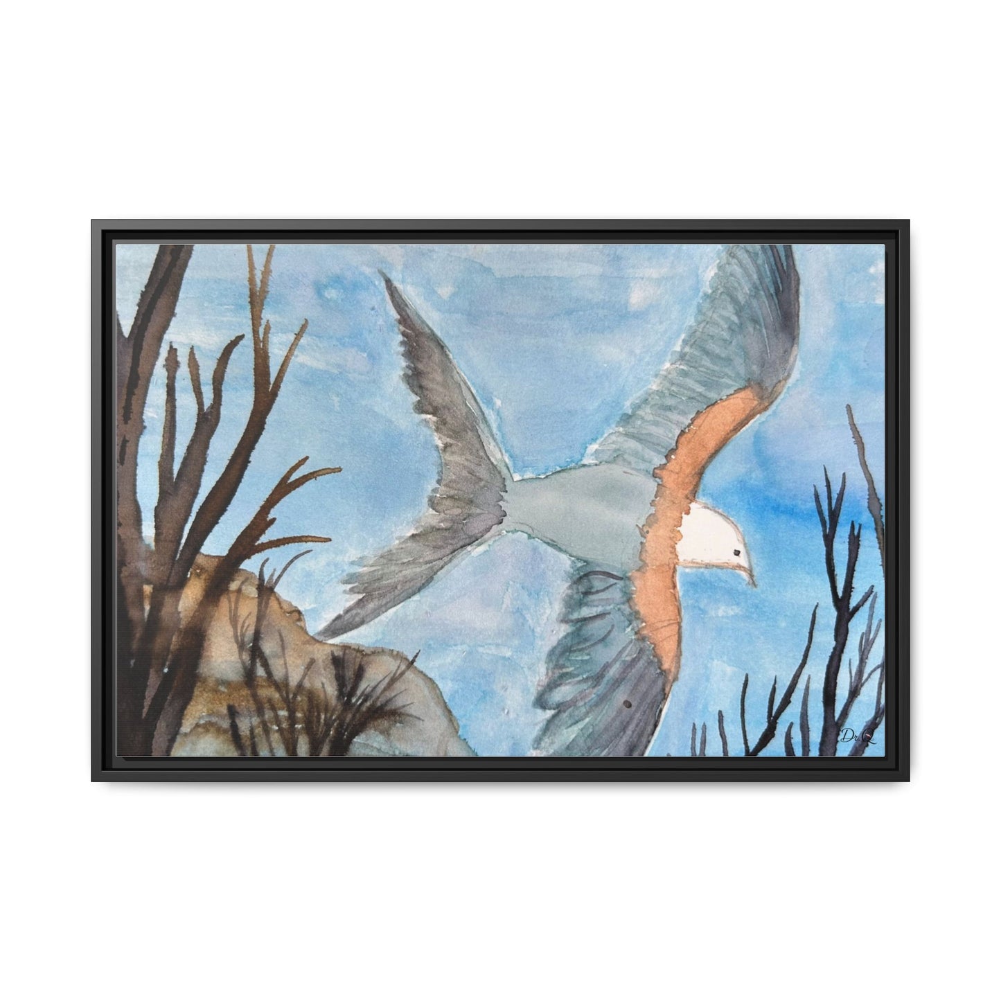 Framed Matte Canvas Wall Art — Soaring Seagull Coastal Print