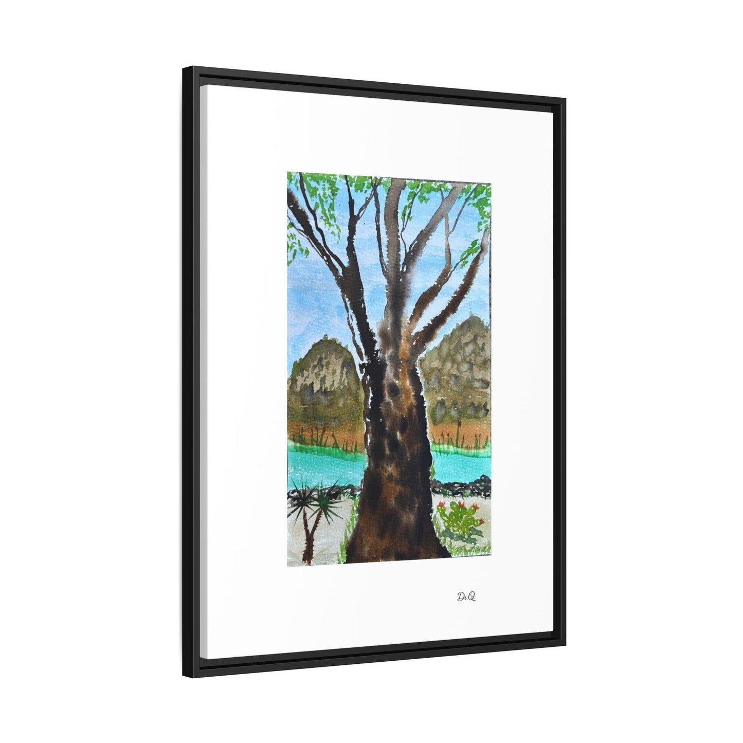 Tranquil Lakeside Tree Watercolor - Framed Matte Canvas Print by Dr. Q