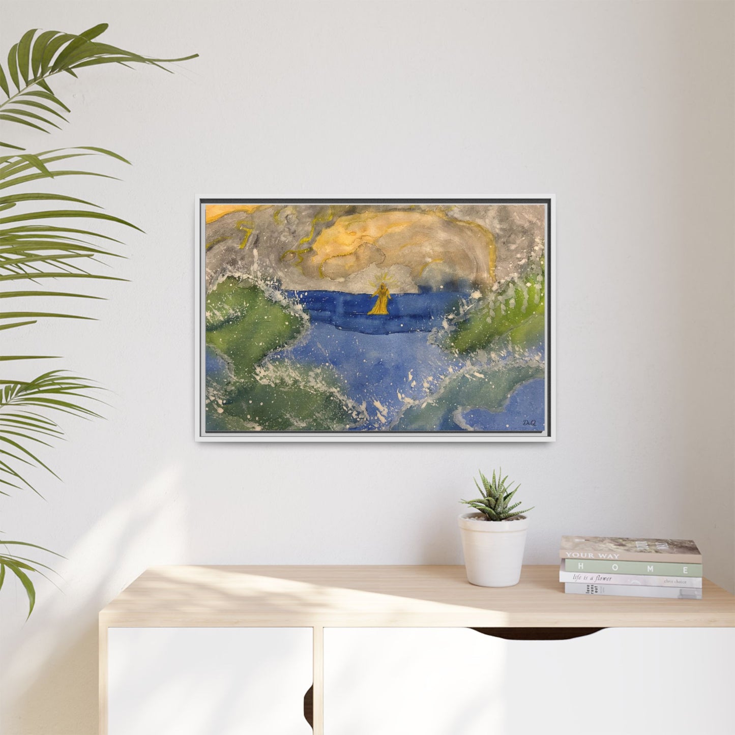 "Faith in the Storm" Framed Matte Canvas Seascape — Golden Sail at Sunset
