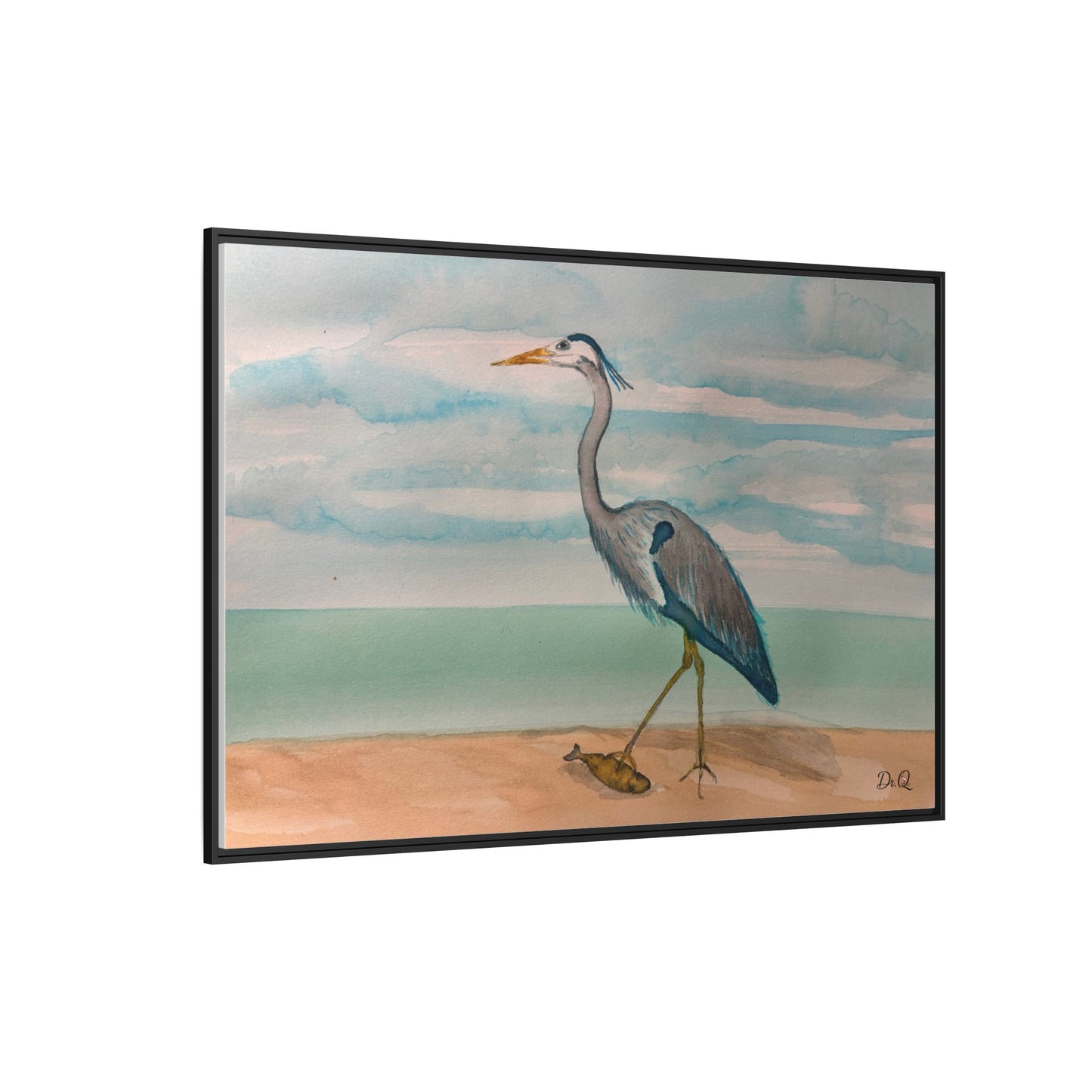 Framed Heron Beach Matte Canvas — Coastal Watercolor Wall Art