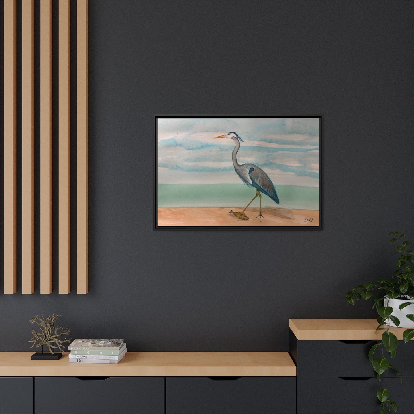 Framed Heron Beach Matte Canvas — Coastal Watercolor Wall Art