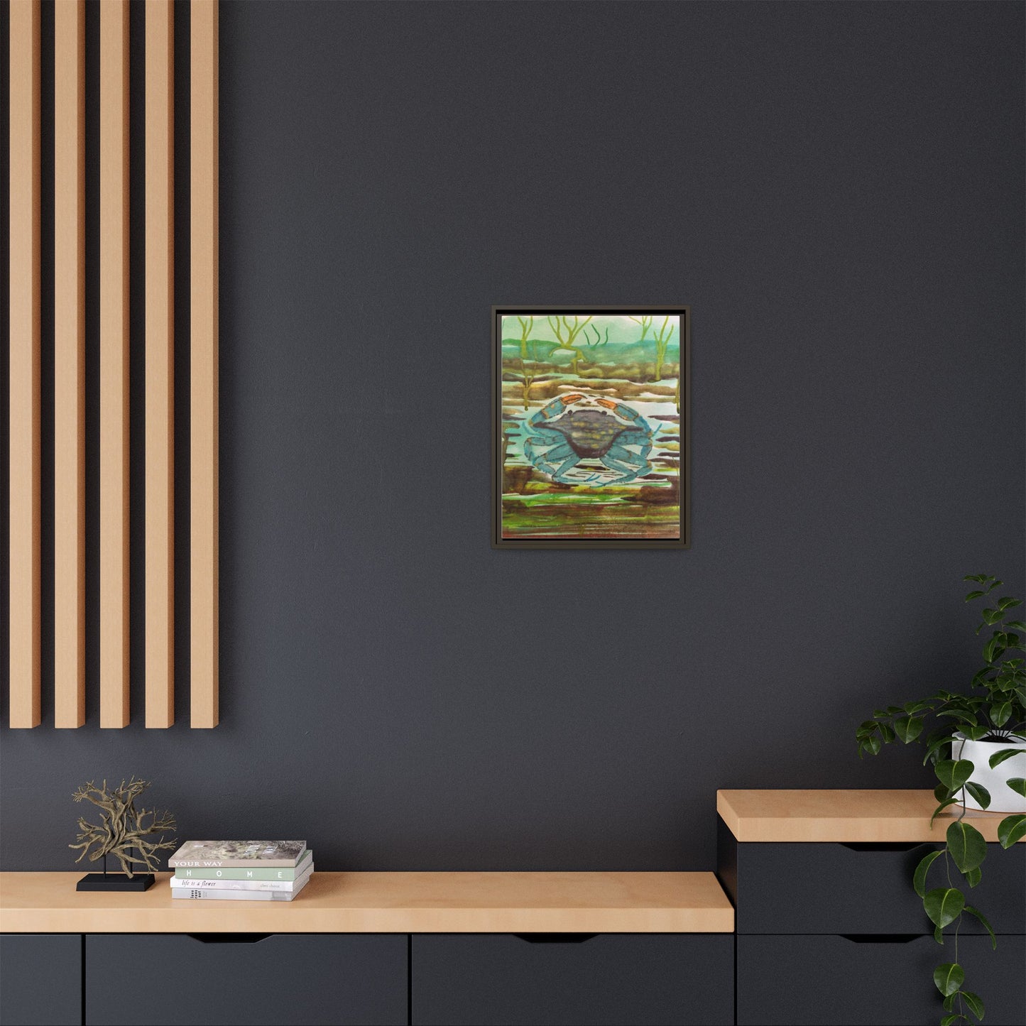 Blue Crab Coastal Art Print — Matte Framed Canvas