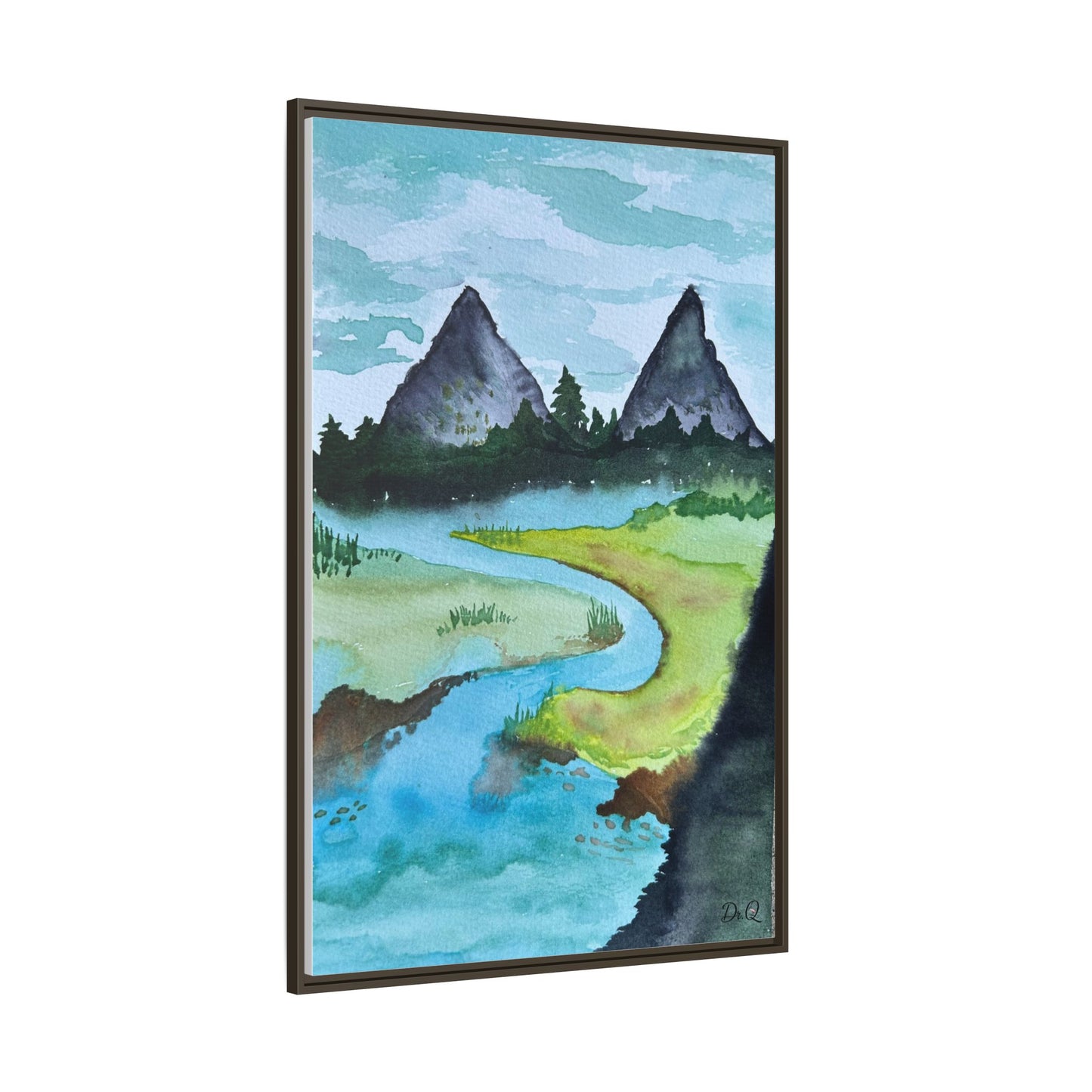 Mountain River Framed Canvas Watercolor Print by Dr. Q