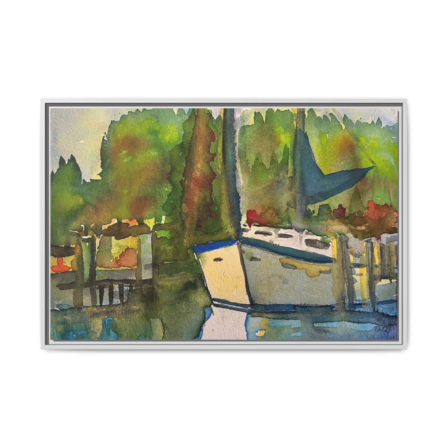 Sailboat Harbor Watercolor — Framed Matte Canvas Wall Art