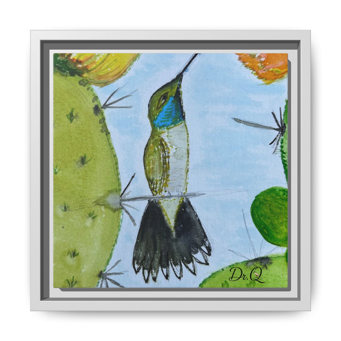 Framed Hummingbird Cactus Watercolor Print on Canvas by Dr. Q — Floral Desert Wall Art