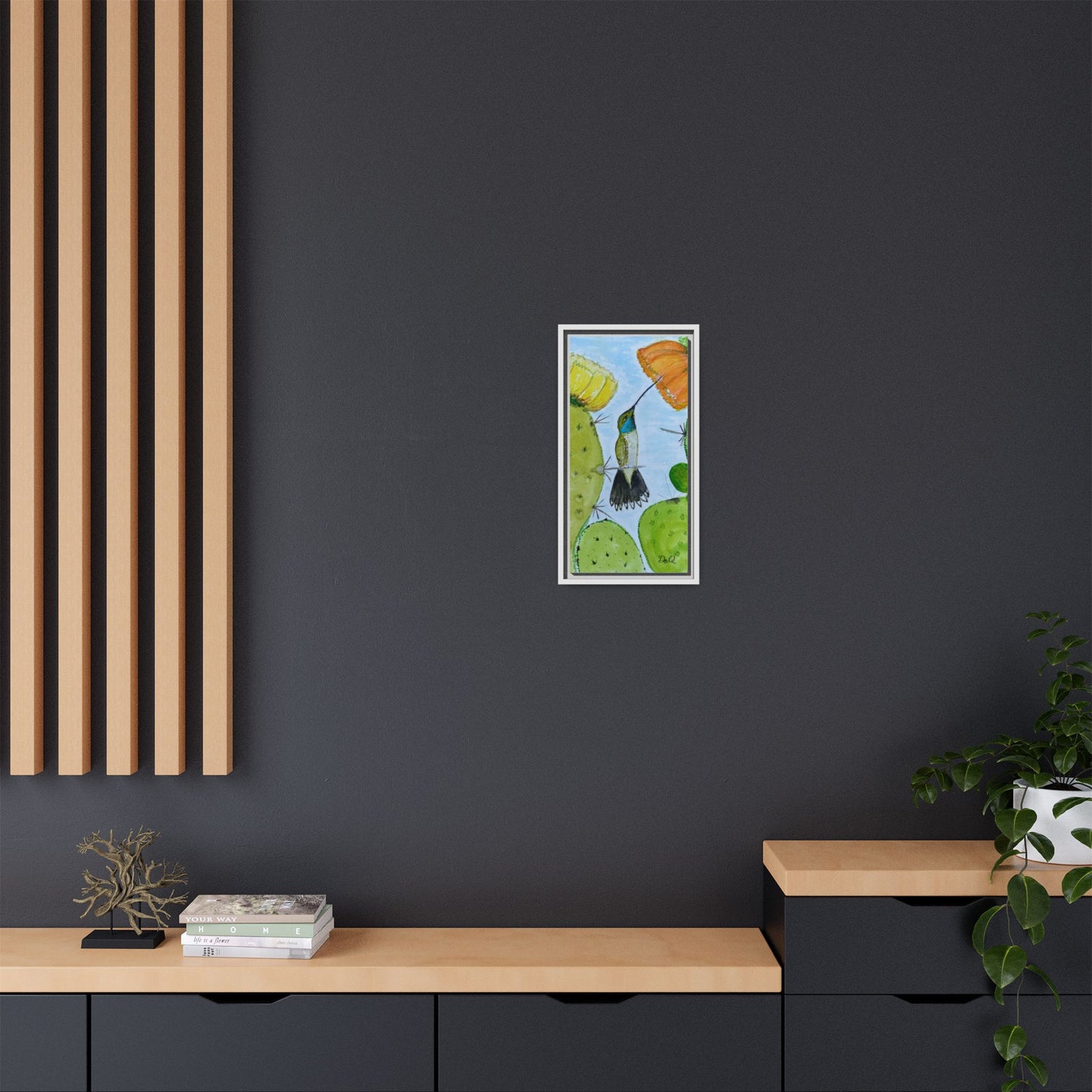 Framed Hummingbird Cactus Watercolor Print on Canvas by Dr. Q — Floral Desert Wall Art