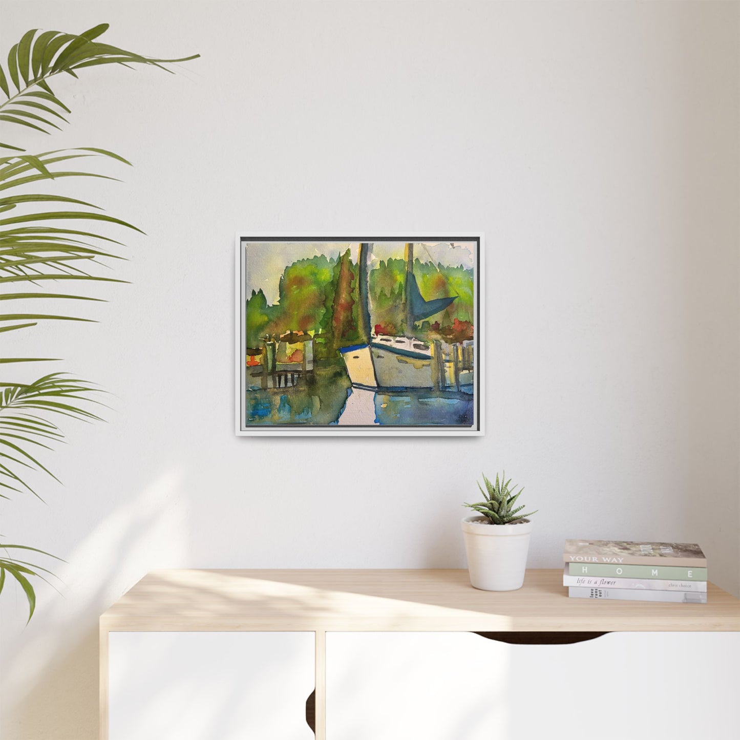 Sailboat Harbor Watercolor — Framed Matte Canvas Wall Art