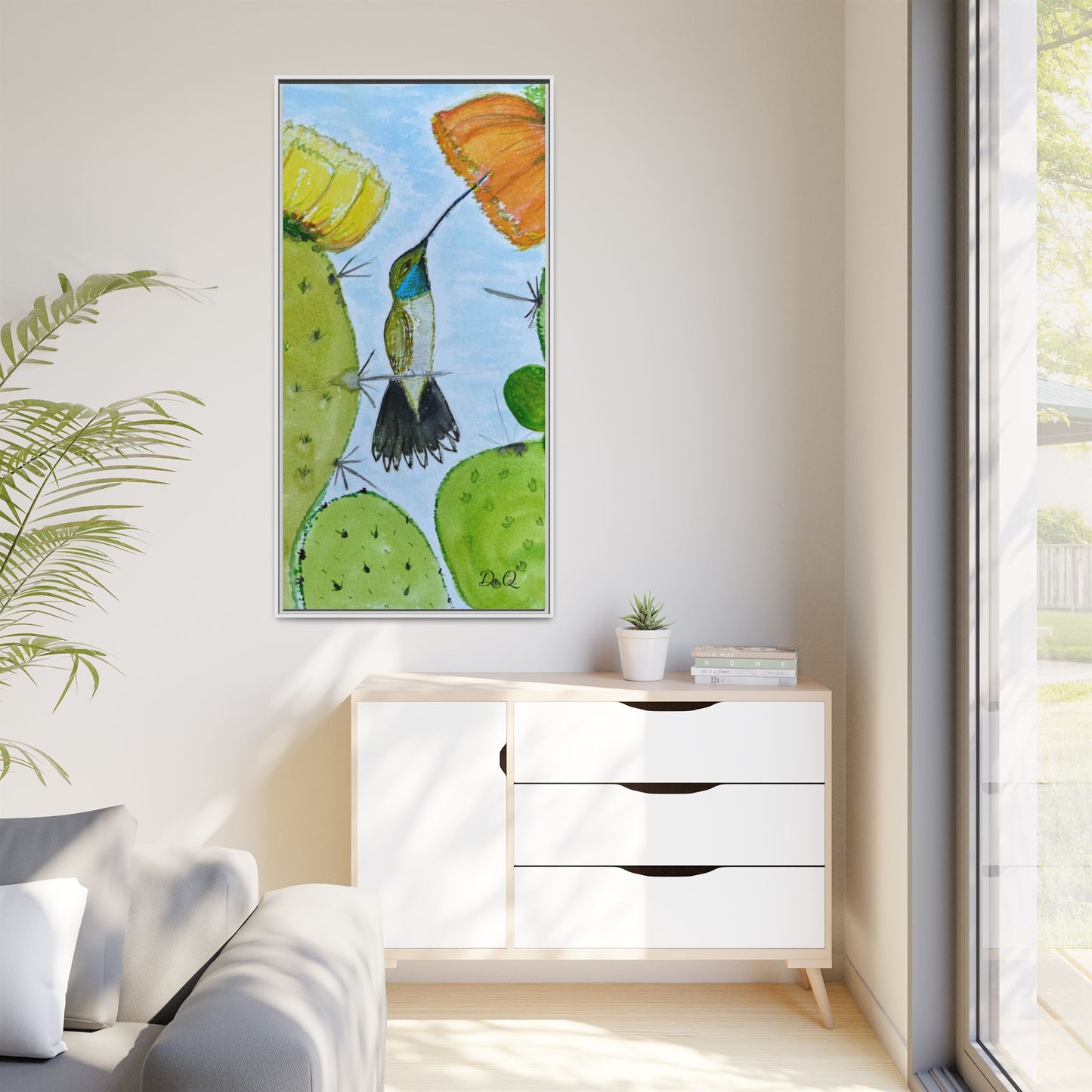 Framed Hummingbird Cactus Watercolor Print on Canvas by Dr. Q — Floral Desert Wall Art