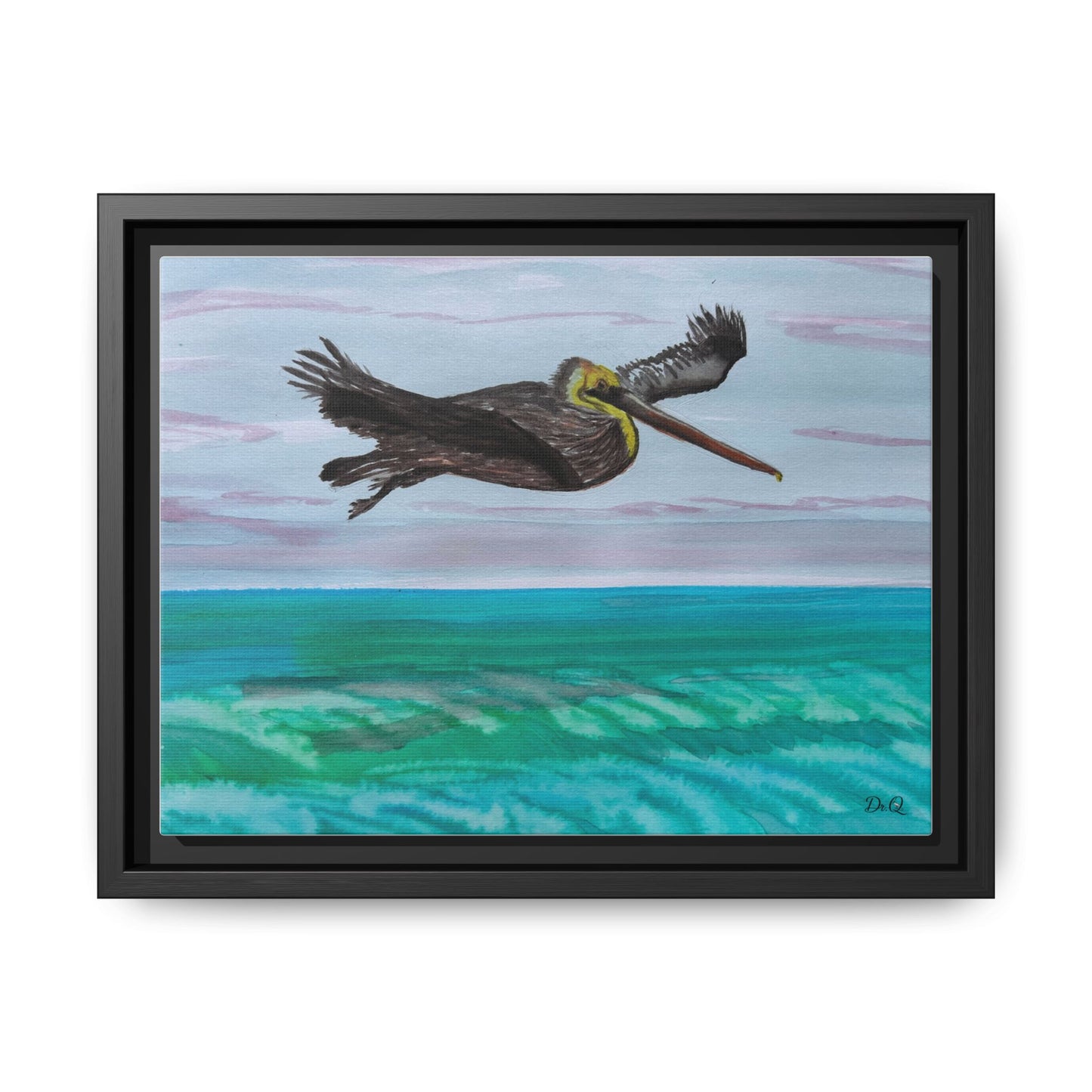 Brown Pelican Over Ocean Matte Framed Canvas Art