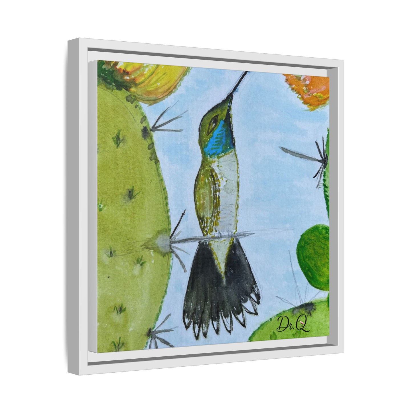Framed Hummingbird Cactus Watercolor Print on Canvas by Dr. Q — Floral Desert Wall Art