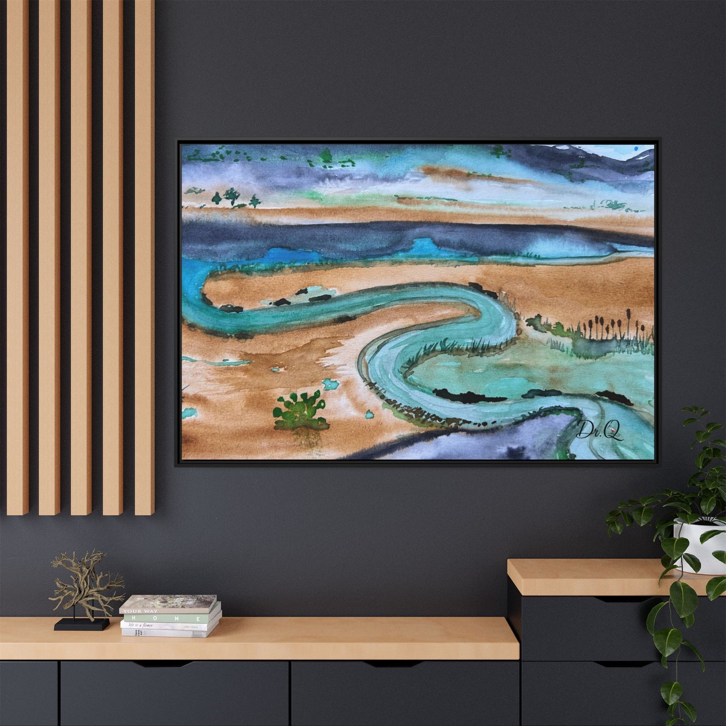 Winding River by Dr. Q - Framed Matte Canvas Watercolor Wall Art