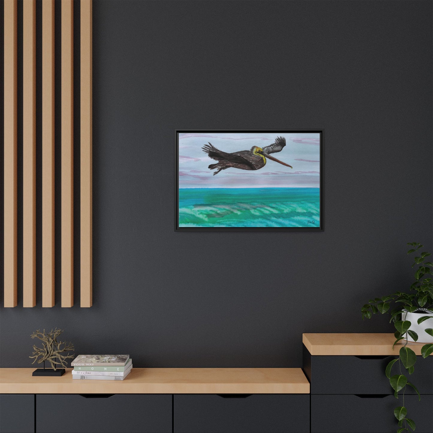Brown Pelican Over Ocean Matte Framed Canvas Art