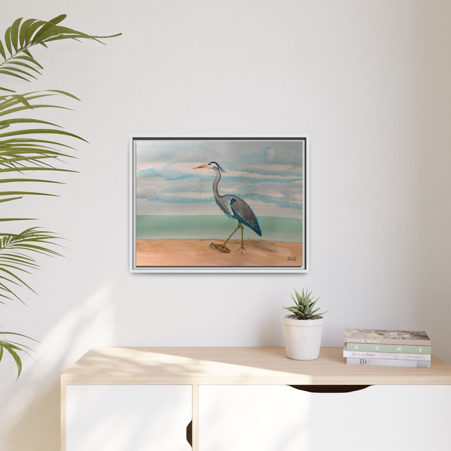 Framed Heron Beach Matte Canvas — Coastal Watercolor Wall Art