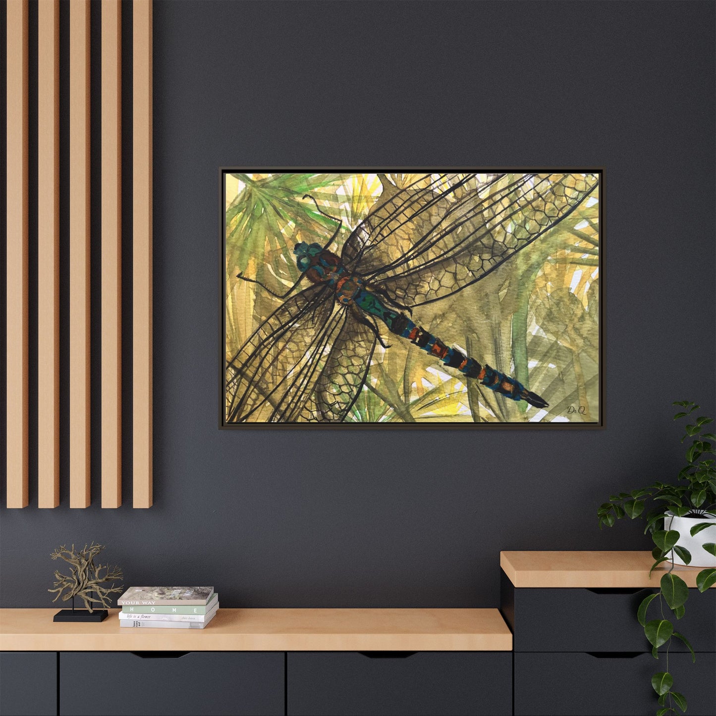 Dragonfly Framed Canvas Art — Botanical Watercolor Wall Decor