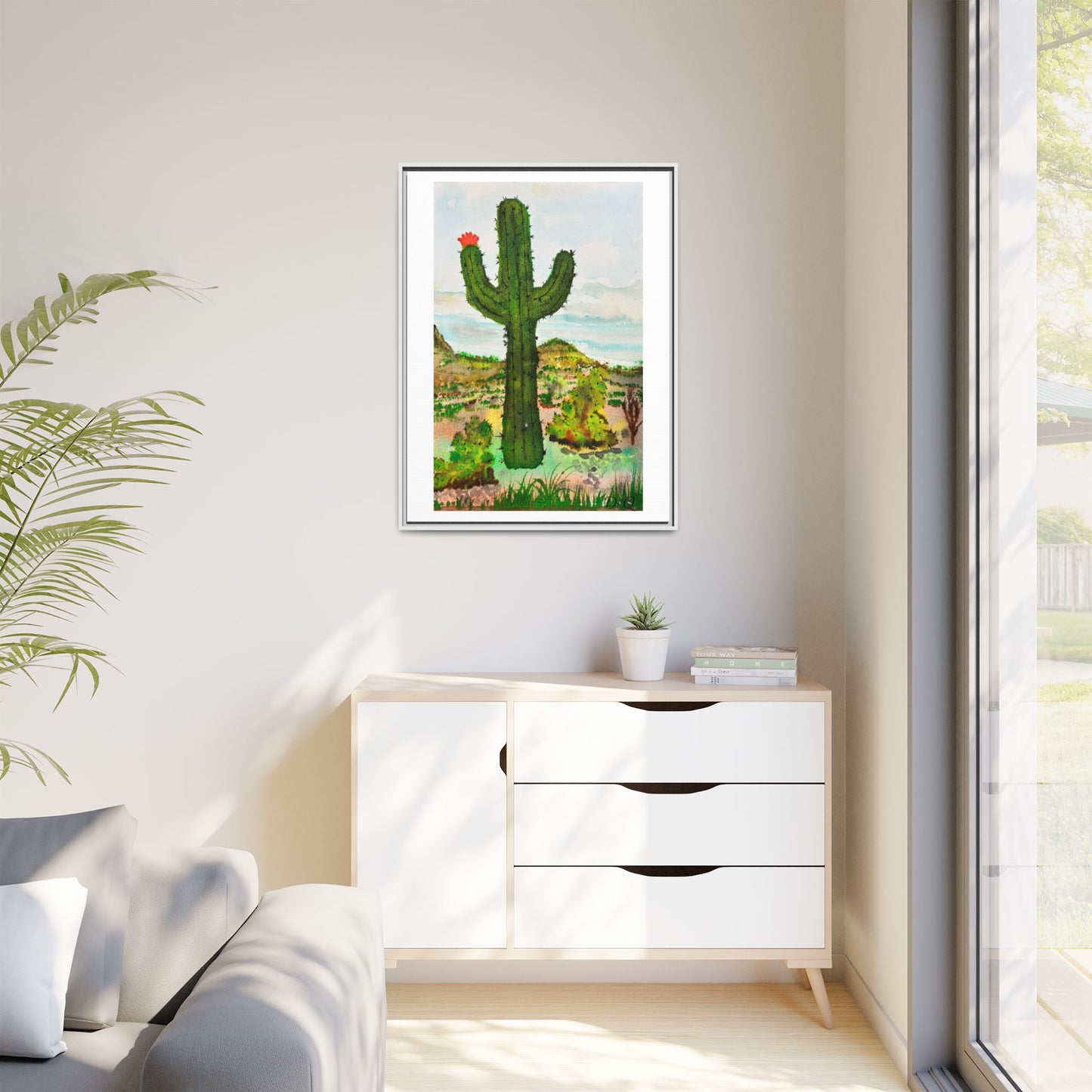 Framed Cactus Canvas Print — Desert Watercolor Wall Art