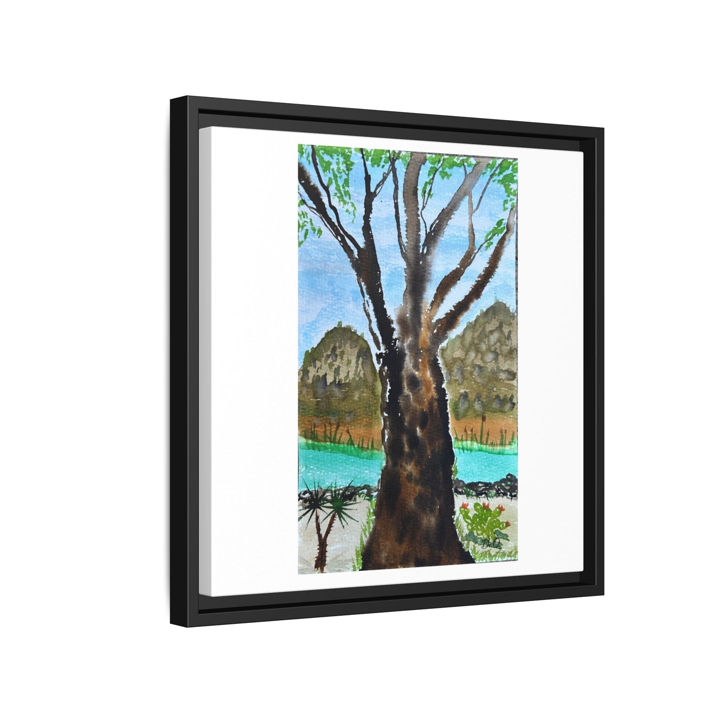 Tranquil Lakeside Tree Watercolor - Framed Matte Canvas Print by Dr. Q