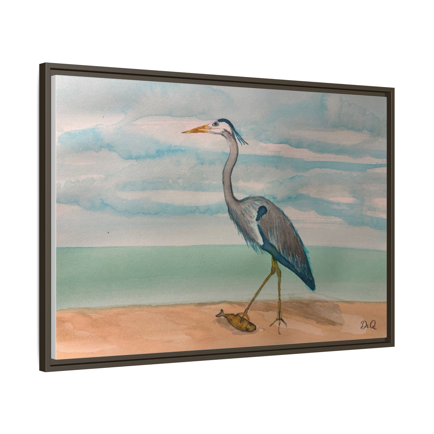 Framed Heron Beach Matte Canvas — Coastal Watercolor Wall Art