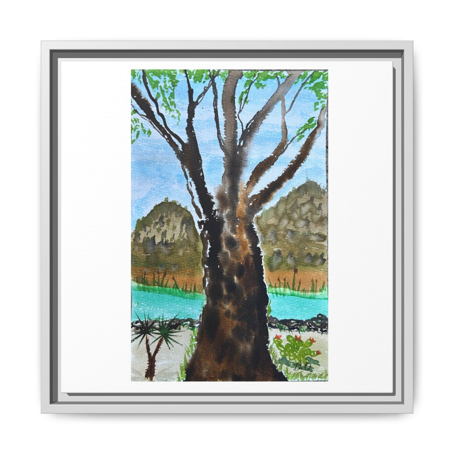 Tranquil Lakeside Tree Watercolor - Framed Matte Canvas Print by Dr. Q